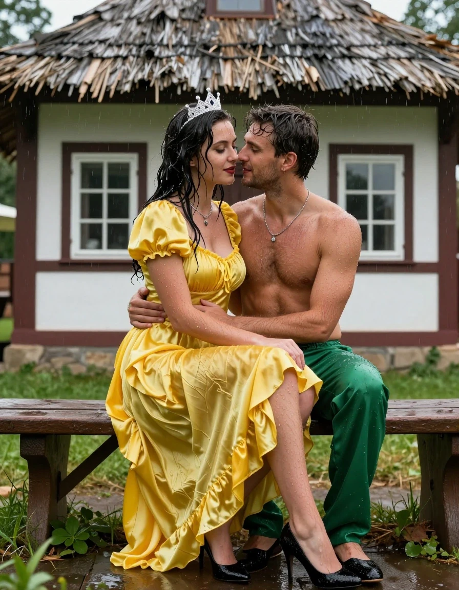 photo of young woman, in soaking wet, drenched clothes,
Schwarze Pumps, Gelbes Schneewittchen Kleid aus Satin, Kleines Fachwerkhaus mit einem Strohgedeckten Dach und Sprossenfenster, 
enjoying, wet clothes stuck to body,
detailed textures of the wet clothes, wet face, wet plastered hair,
wet, drenched, professional, high-quality details, full body view.
sharp focus, ultra-high pixel detail, realistic, high-quality, full colors, incredibly detailed, 4k, 8k, 16k, hyper-realistic, RAW photo, masterpiece, ultra-detailed, professionally color graded, professional photograph, Fotorealistische Ganzkörperaufnahme eines jungen Mädchens, sie sitzt auf einer alten Holzbank vor einem kleinen Fachwerkhaus mit Sprossenfenster und einem strohgedeckten Dach, das Mädchen hat schwarze lange Haare und einen rot geschminkten Mund, sie hat schöne blaue Augen, sie hat mittelgroße Brüste, auf dem Kopf trägt sie eine silberne kleine Krone, um den Hals trägt sie eine silberne Halskette, sie trägt ein langes gelbes Schneewittchen Kleid aus Chiffon mit Puffärmeln, es regnet stark und ihre Kleidung ist völlig durchnässt, ihre Brüste sind durch den dünnen Stoff ihres Kleides leicht sichtbar, ihr Rock klebt ihr an den Beinen, Wasser läuft aus ihrem Rock, auf ihr sitzt ein jungen Mann mit nackten Oberkörper und einer kurzen grünen Hose und nacktem Oberkörper und umarmt ihn liebevoll, sie lächelt den jungen Mann freundlich an., wet skin, wet clothes, damp fabric