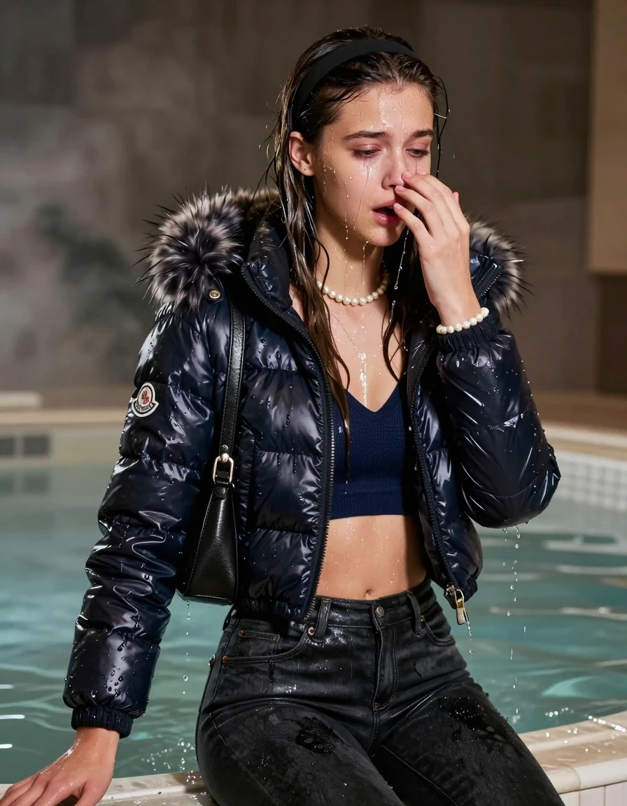 photo of young woman, in soaking wet, drenched clothes,
, Dark skinny jeans, Moncler shiny puffer down jacket with fur, Open jacket, tight v-neck sweater belly free, shoulderbag, pearl necklace, bracelet, wristwatch, Steaming indoor jacuzzi , 
enjoying, wet clothes stuck to body,
detailed textures of the wet clothes, wet face, wet plastered hair,
wet, drenched, professional, high-quality details, full body view.
sharp focus, ultra-high pixel detail, realistic, high-quality, full colors, incredibly detailed, 4k, 8k, 16k, hyper-realistic, RAW photo, masterpiece, ultra-detailed, professionally color graded, professional photograph, A realistic vertical fashion photograph taken from a backward, behind-the-back angle of a 15-year-old teenage girl sitting in a steaming indoor jacuzzi, facing directely into the camera to show her back. She is tilting her head at camera, letting the water drench her hair so it is glued flat against her head and body. She has Sleek  straight long hair with hairband, completely saturated and dripping wet hair, with water cascading down her face and neck, crying and astonished expression. She hold her flat hand in front of her nose. The lighting is bright and cinematic, highlighting the glistening water droplets on her skin and the saturated texture of her  casual clothes.  Open mouth, half closed eyes. 
her clothing is soaking wet and clinging tightly to her skin, showing heavy wet folds, darkened fabric texture, and deep water-saturated Patches, her clothes are heavy from the water, water runs from her body and her clothes in streams. A lot of water also runs out of her clothes. Her clothes are darkened by the water. 
hyper-realistic wetness, high-contrast water sheen, sharp focus, 16k resolution, professional photography, realistic water physics., wet skin, wet clothes, damp fabric, wet skin, wet clothes, damp fabric, wet skin, wet clothes, damp fabric, wet skin, wet clothes, damp fabric, wet skin, wet clothes, damp fabric, wet skin, wet clothes, damp fabric, wet skin, wet clothes, damp fabric, wet skin, wet clothes, damp fabric