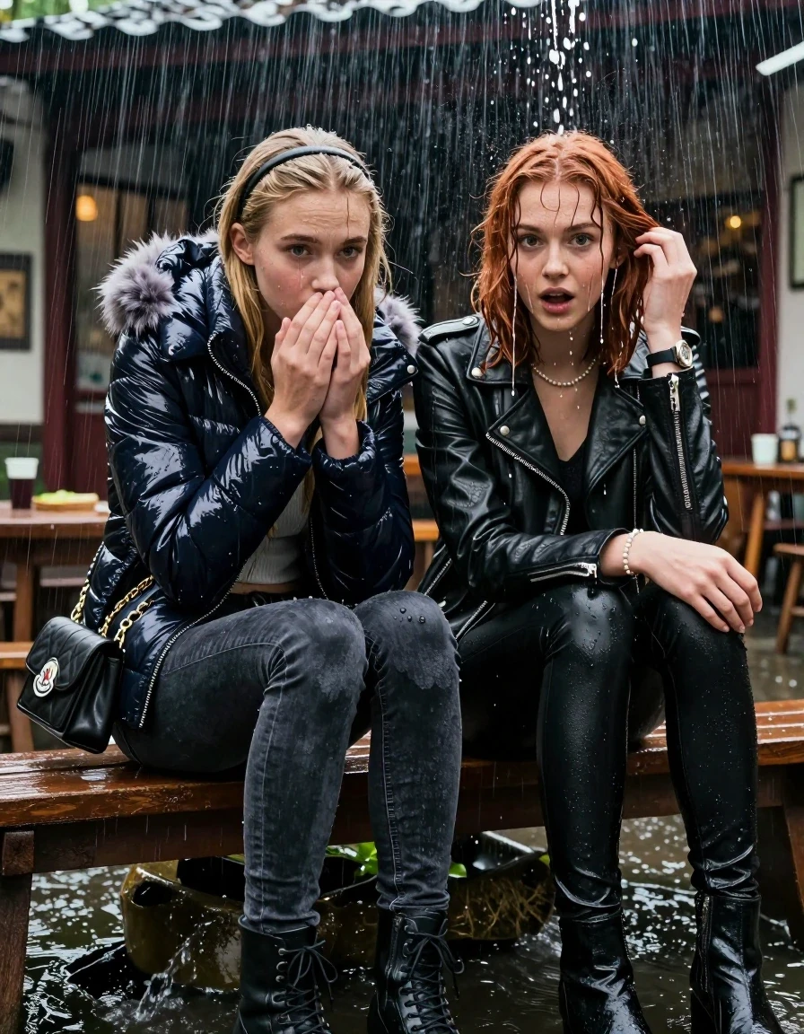 photo of young woman, in soaking wet, drenched clothes,
, Dark skinny jeans, Moncler shiny puffer down jacket with fur, Open jacket, tight v-neck sweater belly free, shoulderbag, pearl necklace, bracelet, wristwatch, Behind view: stream of rainwater, 
enjoying, wet clothes stuck to body,
detailed textures of the wet clothes, wet face, wet plastered hair,
wet, drenched, professional, high-quality details, full body view.
sharp focus, ultra-high pixel detail, realistic, high-quality, full colors, incredibly detailed, 4k, 8k, 16k, hyper-realistic, RAW photo, masterpiece, ultra-detailed, professionally color graded, professional photograph, two 15-year-old teenage girl sitting in an Outdoor Chinese-Restaurant under a heavy, concentrated stream of rainwater pouring off the edge of a building roof. The girls look at camera, letting the water drench her hair so it is glued flat against her head and body. One has blonde Sleek  straight long hair with hairband, one has an auburn collarbone bob, completely  saturated and dripping wet hair, with water cascading down her face and neck, surprise and astonished expression. One hold her hands over her mouth and nose. One hold her hand on her fotehead. One Girl wears a moncler shiny puffer down jacket with fur, skinny jeans and boots. One a biker leatherjacket with Black leatherleggings and ankle boots. The lighting is bright and cinematic, highlighting the glistening water droplets on her skin and the saturated texture of her  casual clothes. 
her clothing is soaking wet and clinging tightly to her skin, showing heavy wet folds, darkened fabric texture, and deep water-saturated Patches, her clothes are heavy from the water, water runs from her body and her clothes in streams. A lot of water also runs out of her clothes. Her clothes are darkened by the water. 
hyper-realistic wetness, high-contrast water sheen, sharp focus, 16k resolution, professional photography, realistic water physics., wet skin, wet clothes, damp fabric, wet skin, wet clothes, damp fabric, wet skin, wet clothes, damp fabric, wet skin, wet clothes, damp fabric, wet skin, wet clothes, damp fabric