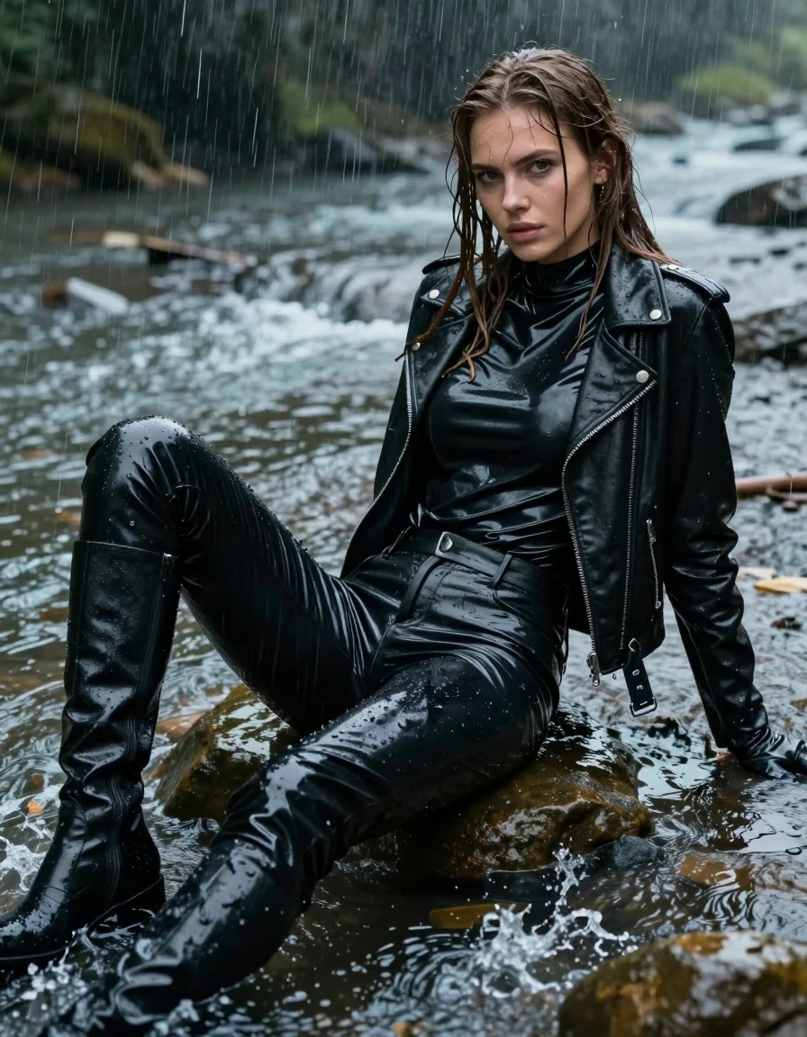 A photorealistic, high-detail shot of a young adult European woman with long, dripping wet brown hair, posing while relaxing in a shallow, rushing river during a heavy downpour. She is wearing an oversize black vinyl polar neck shirt, black vinyl pants that cling to her legs, a black biker leather jacket, and black leather knee-high boots, with leather gloves on both hands. Her skin and clothing are completely drenched, with the vinyl and leather fabrics showing heavy water sheen, deep glossy reflections, and clinging to her form. The environment is dark and moody, with heavy rain falling, water splashing, and the woman's hair and clothes saturated with water and dripping. The composition is a cinematic medium shot capturing the textures of the wet vinyl and leather against the natural river setting, with realistic lighting highlighting the water droplets and damp, clinging fabric. No nudity, clean anatomy, fully clothed, non-sexualized, focused on the atmospheric wetness and realistic material textures.