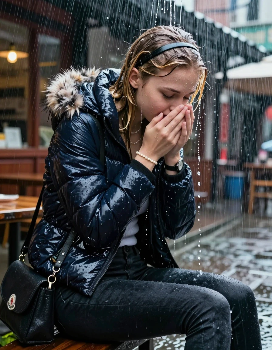 photo of young woman, in soaking wet, drenched clothes,
, Dark skinny jeans, Moncler shiny puffer down jacket with fur, Open jacket, tight v-neck sweater belly free, shoulderbag, pearl necklace, bracelet, wristwatch, Behind view: stream of rainwater, 
enjoying, wet clothes stuck to body,
detailed textures of the wet clothes, wet face, wet plastered hair,
wet, drenched, professional, high-quality details, full body view.
sharp focus, ultra-high pixel detail, realistic, high-quality, full colors, incredibly detailed, 4k, 8k, 16k, hyper-realistic, RAW photo, masterpiece, ultra-detailed, professionally color graded, professional photograph, A realistic vertical fashion photograph taken from a backward, behind-the-back angle of two 15-year-old teenage girl sitting in an Outdoor Chinese-Restaurant under a heavy, concentrated stream of rainwater pouring off the edge of a building roof. She is tilting her head down, letting the water drench her hair so it is glued flat against her head and body. She has blonde Sleek  straight long hair with hairband, completely saturated and dripping wet hair, with water cascading down her face and neck, creating an astonished expression. She hold her hands over her mouth and nose. The lighting is bright and cinematic, highlighting the glistening water droplets on her skin and the saturated texture of her  casual clothes.  Closed eyes. 
her clothing is soaking wet and clinging tightly to her skin, showing heavy wet folds, darkened fabric texture, and deep water-saturated Patches, her clothes are heavy from the water, water runs from her body and her clothes in streams. A lot of water also runs out of her clothes. Her clothes are darkened by the water. 
hyper-realistic wetness, high-contrast water sheen, sharp focus, 16k resolution, professional photography, realistic water physics., wet skin, wet clothes, damp fabric, wet skin, wet clothes, damp fabric, wet skin, wet clothes, damp fabric, wet skin, wet clothes, damp fabric, wet skin, wet clothes, damp fabric