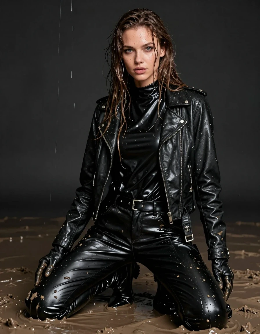 A photorealistic medium shot of a young adult European woman with long, dripping wet brown hair, her skin slick with moisture and glistening under dim light. She is wearing an oversize black vinyl polar neck shirt, black vinyl pants, a black biker leather jacket, and black leather knee-high boots, with leather gloves on both hands. All clothing is heavily drenched, exhibiting deep wet sheen, heavy clinging folds, and a dark, saturated appearance. She is kneeling in a dark room, with thick mud dripping from the ceiling and coating her, her hair, and her clothes, creating a visceral, muddy, and drenched aesthetic. The lighting highlights the glossy texture of the vinyl and leather against the matte, viscous mud. High-detail photographic quality, sharp focus on skin texture and fabric dampness, strictly non-nude, clean anatomy, professional cinematography.