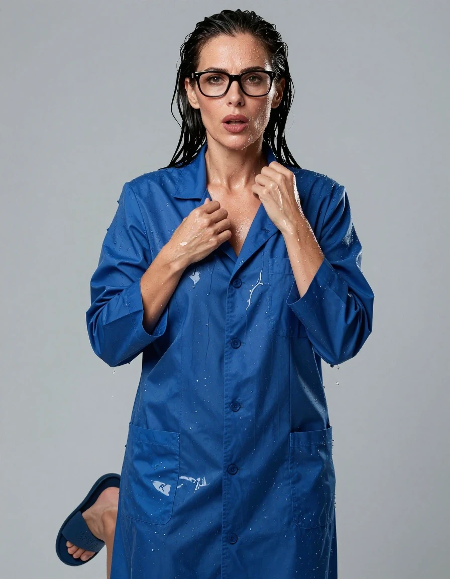 photo of young woman, in soaking wet, drenched clothes,
slippers, shiny blue labcoat, shiny blue labcoat, enjoying wet clothes stuck body, enjoying, wet clothes stuck to body, 
enjoying, wet clothes stuck to body,
detailed textures of the wet clothes, wet face, wet plastered hair,
wet, drenched, professional, high-quality details, full body view.
sharp focus, ultra-high pixel detail, realistic, high-quality, full colors, incredibly detailed, 4k, 8k, 16k, hyper-realistic, RAW photo, masterpiece, ultra-detailed, professionally color graded, professional photograph, europen brunette skinny woman 50 years old, long dark black hair, office glasses, very big and thick lips, complete body, wet skin, wet clothes, damp fabric, wet skin, wet clothes, damp fabric, wet skin, wet clothes, damp fabric, wet skin, wet clothes, damp fabric, wet skin, wet clothes, damp fabric, wet skin, wet clothes, damp fabric, wet skin, wet clothes, damp fabric