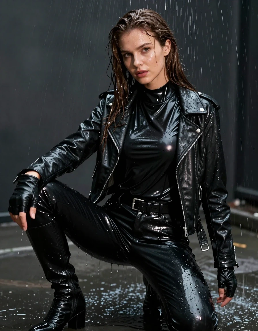 A photorealistic portrait of a young adult European woman with long, dripping wet brown hair and glistening wet skin. She is wearing an oversize black vinyl polar neck shirt, black vinyl pants, a black biker's leather jacket, black leather gloves, and black leather knee-high boots. All clothing is heavily drenched, exhibiting deep, dark tones, clingy fabric textures, and intense glossy specular reflections from the water. The subject is captured in a kneeling pose within a dim, atmospheric room where water is actively dripping from the ceiling, causing her to appear completely soaked. The lighting highlights the sheen on her wet skin and the heavy, saturated folds of the vinyl and leather garments. High-detail photographic composition, sharp focus on textures, cinematic lighting, fully clothed, no nudity.