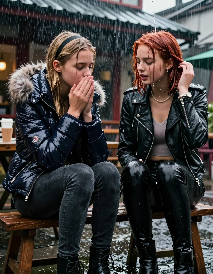 photo of young woman, in soaking wet, drenched clothes,
, Dark skinny jeans, Moncler shiny puffer down jacket with fur, Open jacket, tight v-neck sweater belly free, shoulderbag, pearl necklace, bracelet, wristwatch, Behind view: stream of rainwater, 
enjoying, wet clothes stuck to body,
detailed textures of the wet clothes, wet face, wet plastered hair,
wet, drenched, professional, high-quality details, full body view.
sharp focus, ultra-high pixel detail, realistic, high-quality, full colors, incredibly detailed, 4k, 8k, 16k, hyper-realistic, RAW photo, masterpiece, ultra-detailed, professionally color graded, professional photograph, two 15-year-old teenage girl sitting in an Outdoor Chinese-Restaurant under a heavy, concentrated stream of rainwater pouring off the edge of a building roof. The girls look at each other, letting the water drench her hair so it is glued flat against her head and body. One has blonde Sleek  straight long hair with hairband, one has an auburn collarbone bob, completely  saturated and dripping wet hair, with water cascading down her face and neck, creating an astonished expression. One hold her hands over her mouth and nose. One hold her hand on her fotehead. One Girl wears a moncler shiny puffer down jacket with fur, skinny jeans and boots. One a biker leatherjacket with Black leatherleggings and ankle boots. The lighting is bright and cinematic, highlighting the glistening water droplets on her skin and the saturated texture of her  casual clothes.  Closed eyes. 
her clothing is soaking wet and clinging tightly to her skin, showing heavy wet folds, darkened fabric texture, and deep water-saturated Patches, her clothes are heavy from the water, water runs from her body and her clothes in streams. A lot of water also runs out of her clothes. Her clothes are darkened by the water. 
hyper-realistic wetness, high-contrast water sheen, sharp focus, 16k resolution, professional photography, realistic water physics., wet skin, wet clothes, damp fabric, wet skin, wet clothes, damp fabric, wet skin, wet clothes, damp fabric, wet skin, wet clothes, damp fabric, wet skin, wet clothes, damp fabric