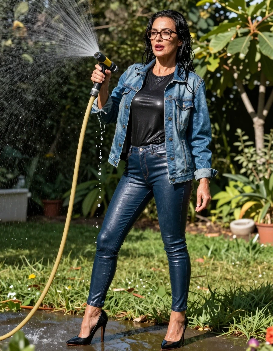 photo of young woman, in soaking wet, drenched clothes,
high-heeled shoes, shiny leather blue jeans, shiny black t-shirt wih long sleeves, maxi shiny blue denim jacket, pouring water with the hose in sunny garden, enjoying wet clothes stuck body, enjoying, wet clothes stuck to body, 
enjoying, wet clothes stuck to body,
detailed textures of the wet clothes, wet face, wet plastered hair,
wet, drenched, professional, high-quality details, full body view.
sharp focus, ultra-high pixel detail, realistic, high-quality, full colors, incredibly detailed, 4k, 8k, 16k, hyper-realistic, RAW photo, masterpiece, ultra-detailed, professionally color graded, professional photograph, europen brunette skinny woman 50 years old, long dark black hair, office glasses, very big and thick lips, complete body, wet skin, wet clothes, damp fabric, wet skin, wet clothes, damp fabric, wet skin, wet clothes, damp fabric, wet skin, wet clothes, damp fabric, wet skin, wet clothes, damp fabric, wet skin, wet clothes, damp fabric, wet skin, wet clothes, damp fabric