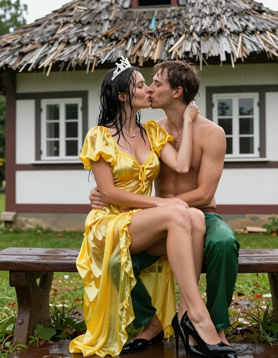 photo of young woman, in soaking wet, drenched clothes,
Schwarze Pumps, Gelbes Schneewittchen Kleid aus Satin, Kleines Fachwerkhaus mit einem Strohgedeckten Dach und Sprossenfenster, 
enjoying, wet clothes stuck to body,
detailed textures of the wet clothes, wet face, wet plastered hair,
wet, drenched, professional, high-quality details, full body view.
sharp focus, ultra-high pixel detail, realistic, high-quality, full colors, incredibly detailed, 4k, 8k, 16k, hyper-realistic, RAW photo, masterpiece, ultra-detailed, professionally color graded, professional photograph, Fotorealistische Ganzkörperaufnahme eines jungen Mädchens, sie sitzt auf einer alten Holzbank vor einem kleinen Fachwerkhaus mit Sprossenfenster und einem strohgedeckten Dach, das Mädchen hat schwarze lange Haare und einen rot geschminkten Mund, sie hat schöne blaue Augen, sie hat mittelgroße Brüste, auf dem Kopf trägt sie eine silberne kleine Krone, um den Hals trägt sie eine silberne Halskette, sie trägt ein langes gelbes Schneewittchen Kleid aus Chiffon mit Puffärmeln, es regnet stark und ihre Kleidung ist völlig durchnässt, ihre Brüste sind durch den dünnen und transparenten Stoff ihres Kleides gut sichtbar, ihr Rock klebt ihr an den Beinen, Wasser läuft aus ihrem Rock, auf ihr sitzt ein jungen Mann mit nackten Oberkörper und einer kurzen grünen Hose und nacktem Oberkörper und umarmt ihn liebevoll, sie legt beide Arme um seinen Hals und küsst ihn sehr erotisch und leidenschaftlich., wet skin, wet clothes, damp fabric