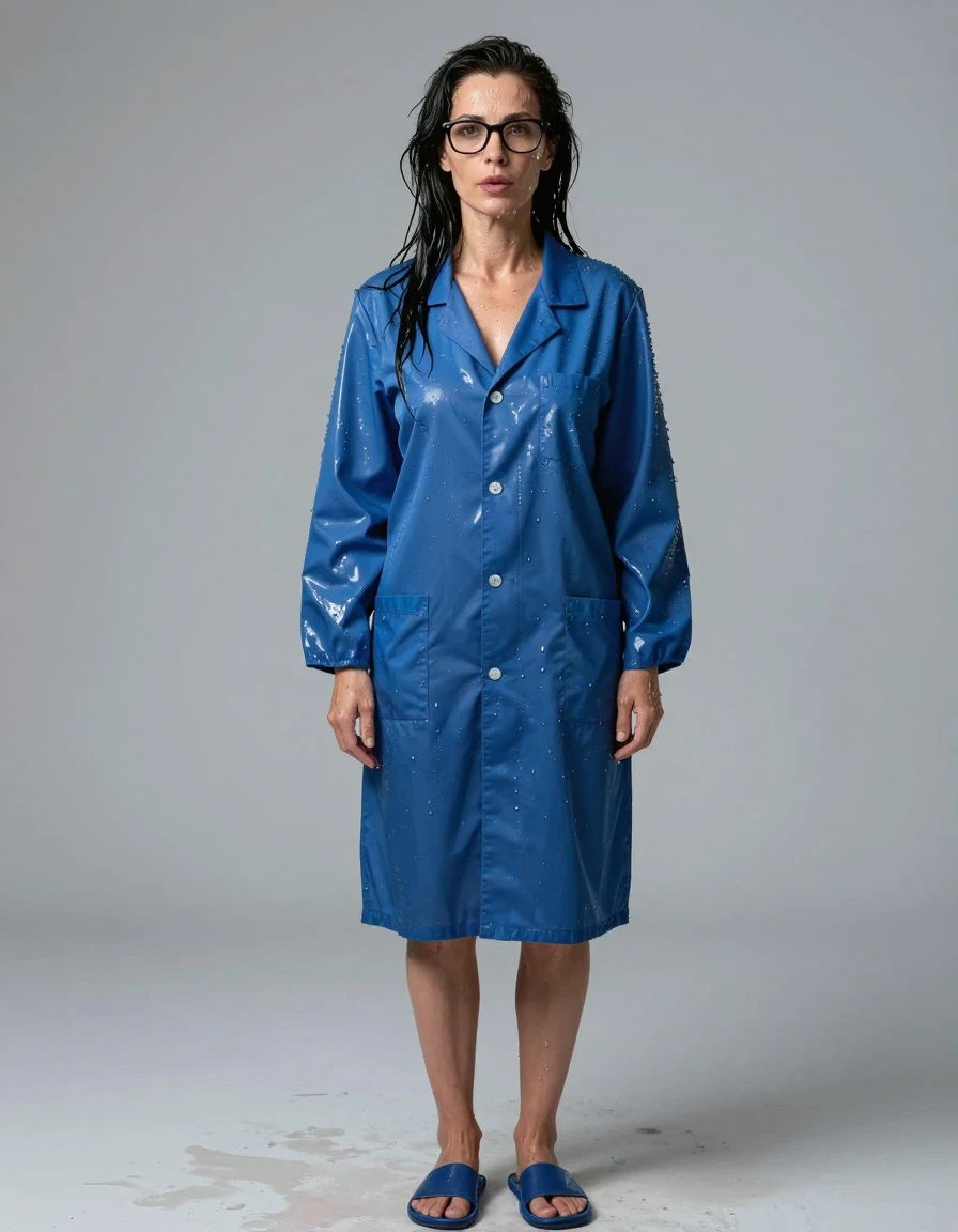 photo of young woman, in soaking wet, drenched clothes,
slippers, shiny blue labcoat, shiny blue labcoat, enjoying wet clothes stuck body, enjoying, wet clothes stuck to body, 
enjoying, wet clothes stuck to body,
detailed textures of the wet clothes, wet face, wet plastered hair,
wet, drenched, professional, high-quality details, full body view.
sharp focus, ultra-high pixel detail, realistic, high-quality, full colors, incredibly detailed, 4k, 8k, 16k, hyper-realistic, RAW photo, masterpiece, ultra-detailed, professionally color graded, professional photograph, europen brunette skinny woman 50 years old, long dark black hair, office glasses, very big and thick lips, complete body, wet skin, wet clothes, damp fabric, wet skin, wet clothes, damp fabric, wet skin, wet clothes, damp fabric, wet skin, wet clothes, damp fabric, wet skin, wet clothes, damp fabric, wet skin, wet clothes, damp fabric, wet skin, wet clothes, damp fabric