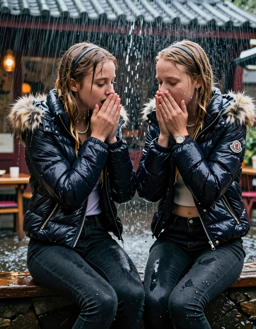 photo of young woman, in soaking wet, drenched clothes,
, Dark skinny jeans, Moncler shiny puffer down jacket with fur, Open jacket, tight v-neck sweater belly free, shoulderbag, pearl necklace, bracelet, wristwatch, Behind view: stream of rainwater, 
enjoying, wet clothes stuck to body,
detailed textures of the wet clothes, wet face, wet plastered hair,
wet, drenched, professional, high-quality details, full body view.
sharp focus, ultra-high pixel detail, realistic, high-quality, full colors, incredibly detailed, 4k, 8k, 16k, hyper-realistic, RAW photo, masterpiece, ultra-detailed, professionally color graded, professional photograph, two 15-year-old teenage girl sitting in an Outdoor Chinese-Restaurant under a heavy, concentrated stream of rainwater pouring off the edge of a building roof. The girls look at each other, letting the water drench her hair so it is glued flat against her head and body. She has blonde Sleek  straight long hair with hairband, completely saturated and dripping wet hair, with water cascading down her face and neck, creating an astonished expression. She hold her hands over her mouth and nose. The lighting is bright and cinematic, highlighting the glistening water droplets on her skin and the saturated texture of her  casual clothes.  Closed eyes. 
her clothing is soaking wet and clinging tightly to her skin, showing heavy wet folds, darkened fabric texture, and deep water-saturated Patches, her clothes are heavy from the water, water runs from her body and her clothes in streams. A lot of water also runs out of her clothes. Her clothes are darkened by the water. 
hyper-realistic wetness, high-contrast water sheen, sharp focus, 16k resolution, professional photography, realistic water physics., wet skin, wet clothes, damp fabric, wet skin, wet clothes, damp fabric, wet skin, wet clothes, damp fabric, wet skin, wet clothes, damp fabric, wet skin, wet clothes, damp fabric