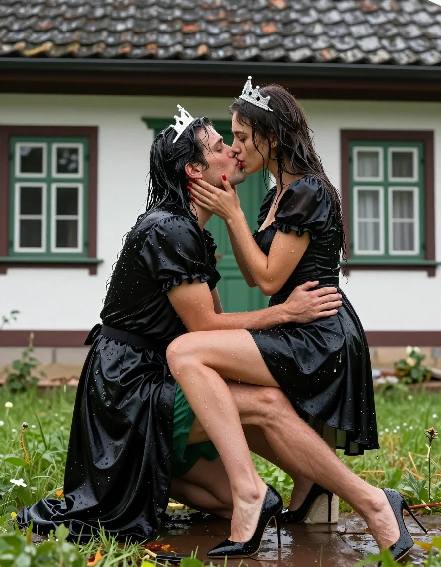 photo of young woman, in soaking wet, drenched clothes,
Schwarze Pumps, Langes Schneewittchen Kleid aus Satin, Kleines gemütliches Fachwerkhaus mit einer grünen Haustüre und mit einem strohgedeckten Dach und grünen Sprossenfenster, 
enjoying, wet clothes stuck to body,
detailed textures of the wet clothes, wet face, wet plastered hair,
wet, drenched, professional, high-quality details, full body view.
sharp focus, ultra-high pixel detail, realistic, high-quality, full colors, incredibly detailed, 4k, 8k, 16k, hyper-realistic, RAW photo, masterpiece, ultra-detailed, professionally color graded, professional photograph, Fotorealistische 5K Ganzkörperaufnahme eines wunderschönen jungen Mädchen, sie sitzt mit ausgereckten Beinen vor einem kleinen Fachwerkhaus mit Sprossenfenster und einem strohgedeckten Dach im nassen Gras, das Mädchen hat schwarze lange Haare und einen rot geschminkten Mund, ihre Fingernägel sind rot lackiert, auf dem Kopf trägt sie eine silberne kleine Krone, sie hat kleine und zierliche Hände, sie trägt ein langes Schneewittchen Kleid aus Chiffon mit Puffärmeln, es regnet stark und ihre Kleidung ist völlig durchnässt, ihr Rock klebt ihr an den Beinen, sie sitzt auf den Schoss eines sehr  jungen Mannes mit grüner Boxershorts und nacktem Oberkörper und ausgestreckten Beinen, sie küssen sich gegenseitig mit ihren Zungen, wet skin, wet clothes, damp fabric, er fasst sie zwischen ihren Beinen., wet skin, wet clothes, damp fabric