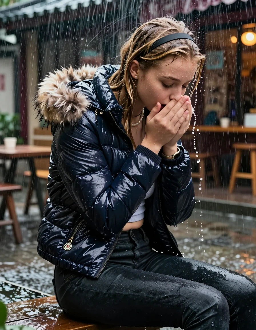 photo of young woman, in soaking wet, drenched clothes,
, Dark skinny jeans, Moncler shiny puffer down jacket with fur, Open jacket, tight v-neck sweater belly free, shoulderbag, pearl necklace, bracelet, wristwatch, Behind view: stream of rainwater, 
enjoying, wet clothes stuck to body,
detailed textures of the wet clothes, wet face, wet plastered hair,
wet, drenched, professional, high-quality details, full body view.
sharp focus, ultra-high pixel detail, realistic, high-quality, full colors, incredibly detailed, 4k, 8k, 16k, hyper-realistic, RAW photo, masterpiece, ultra-detailed, professionally color graded, professional photograph, A realistic vertical fashion photograph taken from a backward, behind-the-back angle of two 15-year-old teenage girl sitting in an Outdoor Chinese-Restaurant under a heavy, concentrated stream of rainwater pouring off the edge of a building roof. She is tilting her head down, letting the water drench her hair so it is glued flat against her head and body. She has blonde Sleek  straight long hair with hairband, completely saturated and dripping wet hair, with water cascading down her face and neck, creating an astonished expression. She hold her hands over her mouth and nose. The lighting is bright and cinematic, highlighting the glistening water droplets on her skin and the saturated texture of her  casual clothes.  Closed eyes. 
her clothing is soaking wet and clinging tightly to her skin, showing heavy wet folds, darkened fabric texture, and deep water-saturated Patches, her clothes are heavy from the water, water runs from her body and her clothes in streams. A lot of water also runs out of her clothes. Her clothes are darkened by the water. 
hyper-realistic wetness, high-contrast water sheen, sharp focus, 16k resolution, professional photography, realistic water physics., wet skin, wet clothes, damp fabric, wet skin, wet clothes, damp fabric, wet skin, wet clothes, damp fabric, wet skin, wet clothes, damp fabric, wet skin, wet clothes, damp fabric