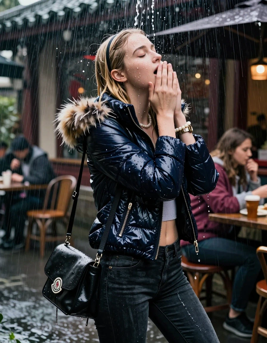 photo of young woman, in soaking wet, drenched clothes,
, Dark skinny jeans, Moncler shiny puffer down jacket with fur, Open jacket, tight v-neck sweater belly free, shoulderbag, pearl necklace, bracelet, wristwatch, Behind view: stream of rainwater, 
enjoying, wet clothes stuck to body,
detailed textures of the wet clothes, wet face, wet plastered hair,
wet, drenched, professional, high-quality details, full body view.
sharp focus, ultra-high pixel detail, realistic, high-quality, full colors, incredibly detailed, 4k, 8k, 16k, hyper-realistic, RAW photo, masterpiece, ultra-detailed, professionally color graded, professional photograph, A realistic vertical fashion photograph taken from a backward, behind-the-back angle of a 15-year-old teenage girl and her friend sitting in an Outdoor  Chinese Restaurant under a heavy, concentrated stream of rainwater pouring off the edge of a building roof. She is tilting her head back, letting the water drench her hair so it is glued flat against her head and body. She has blonde Sleek  straight long hair with hairband, completely saturated and dripping wet hair, with water cascading down her face and neck, creating an astonished expression. She hold her hands over her mouth and nose. The lighting is bright and cinematic, highlighting the glistening water droplets on her skin and the saturated texture of her  casual clothes.  Closed eyes. 
her clothing is soaking wet and clinging tightly to her skin, showing heavy wet folds, darkened fabric texture, and deep water-saturated Patches, her clothes are heavy from the water, water runs from her body and her clothes in streams. A lot of water also runs out of her clothes. Her clothes are darkened by the water. 
hyper-realistic wetness, high-contrast water sheen, sharp focus, 16k resolution, professional photography, realistic water physics., wet skin, wet clothes, damp fabric, wet skin, wet clothes, damp fabric, wet skin, wet clothes, damp fabric, wet skin, wet clothes, damp fabric, wet skin, wet clothes, damp fabric
