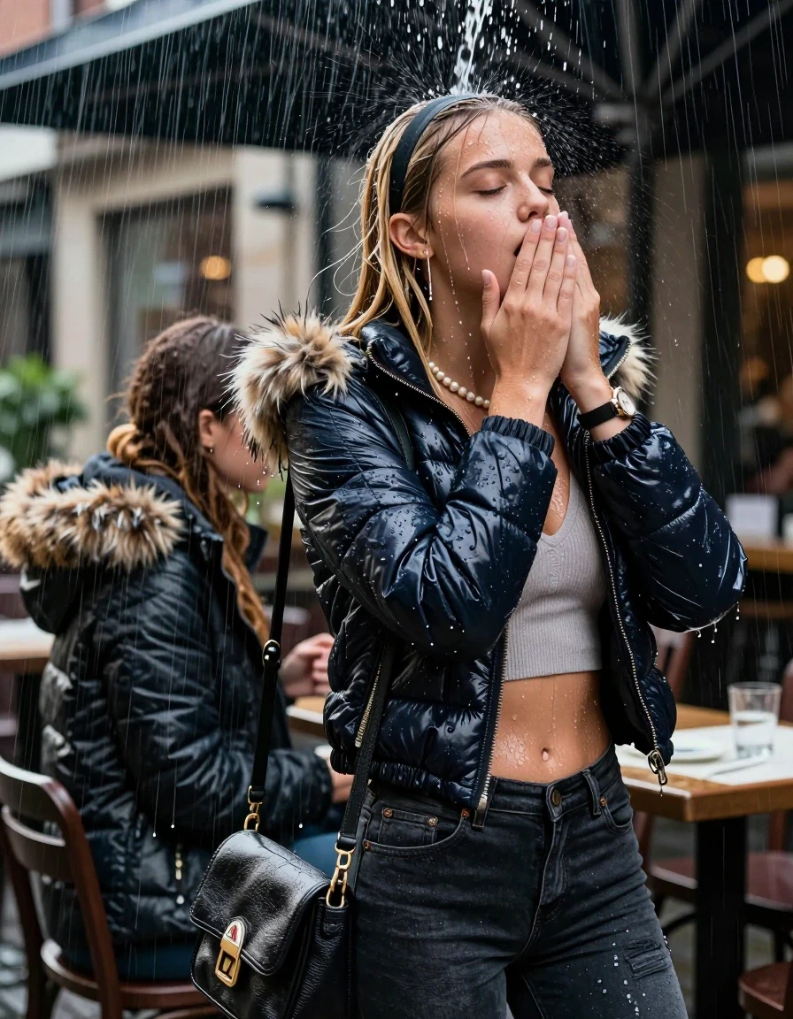 photo of young woman, in soaking wet, drenched clothes,
, Dark skinny jeans, Moncler shiny puffer down jacket with fur, Open jacket, tight v-neck sweater belly free, shoulderbag, pearl necklace, bracelet, wristwatch, stream of rainwater, 
enjoying, wet clothes stuck to body,
detailed textures of the wet clothes, wet face, wet plastered hair,
wet, drenched, professional, high-quality details, full body view.
sharp focus, ultra-high pixel detail, realistic, high-quality, full colors, incredibly detailed, 4k, 8k, 16k, hyper-realistic, RAW photo, masterpiece, ultra-detailed, professionally color graded, professional photograph, A realistic vertical fashion photograph taken from a backward, behind-the-back angle of a 15-year-old teenage girl and her friend sitting in an Outdoor Restaurant under a heavy, concentrated stream of rainwater pouring off the edge of a building roof. She is tilting her head back, letting the water drench her hair so it is glued flat against her head and body. She has blonde Sleek  straight long hair with hairband, completely saturated and dripping wet hair, with water cascading down her face and neck, creating an astonished expression. She hold her hands over her mouth and nose. The lighting is bright and cinematic, highlighting the glistening water droplets on her skin and the saturated texture of her  casual clothes.  Closed eyes. 
her clothing is soaking wet and clinging tightly to her skin, showing heavy wet folds, darkened fabric texture, and deep water-saturated Patches, her clothes are heavy from the water, water runs from her body and her clothes in streams. A lot of water also runs out of her clothes. Her clothes are darkened by the water. 
hyper-realistic wetness, high-contrast water sheen, sharp focus, 16k resolution, professional photography, realistic water physics., wet skin, wet clothes, damp fabric, wet skin, wet clothes, damp fabric, wet skin, wet clothes, damp fabric, wet skin, wet clothes, damp fabric, wet skin, wet clothes, damp fabric