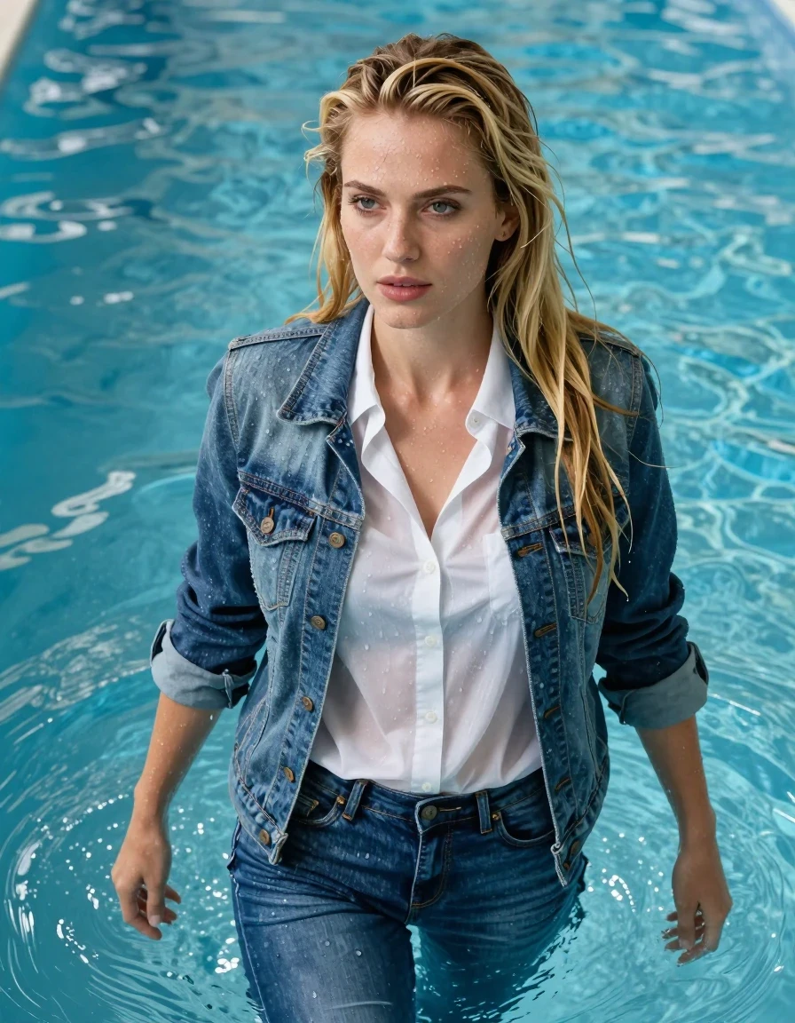 photo of young woman, in soaking wet, drenched clothes,
blue jeans, white men business shirt with jeans jacket, pool, 
enjoying, wet clothes stuck to body,
detailed textures of the wet clothes, wet face, wet plastered hair,
wet, drenched, professional, high-quality details, full body view.
sharp focus, ultra-high pixel detail, realistic, high-quality, full colors, incredibly detailed, 4k, 8k, 16k, hyper-realistic, RAW photo, masterpiece, ultra-detailed, professionally color graded, professional photograph, complete swimming; long blond v-cut hair; View is from above down on the pool (like with a helicopter), wet skin, wet clothes, damp fabric