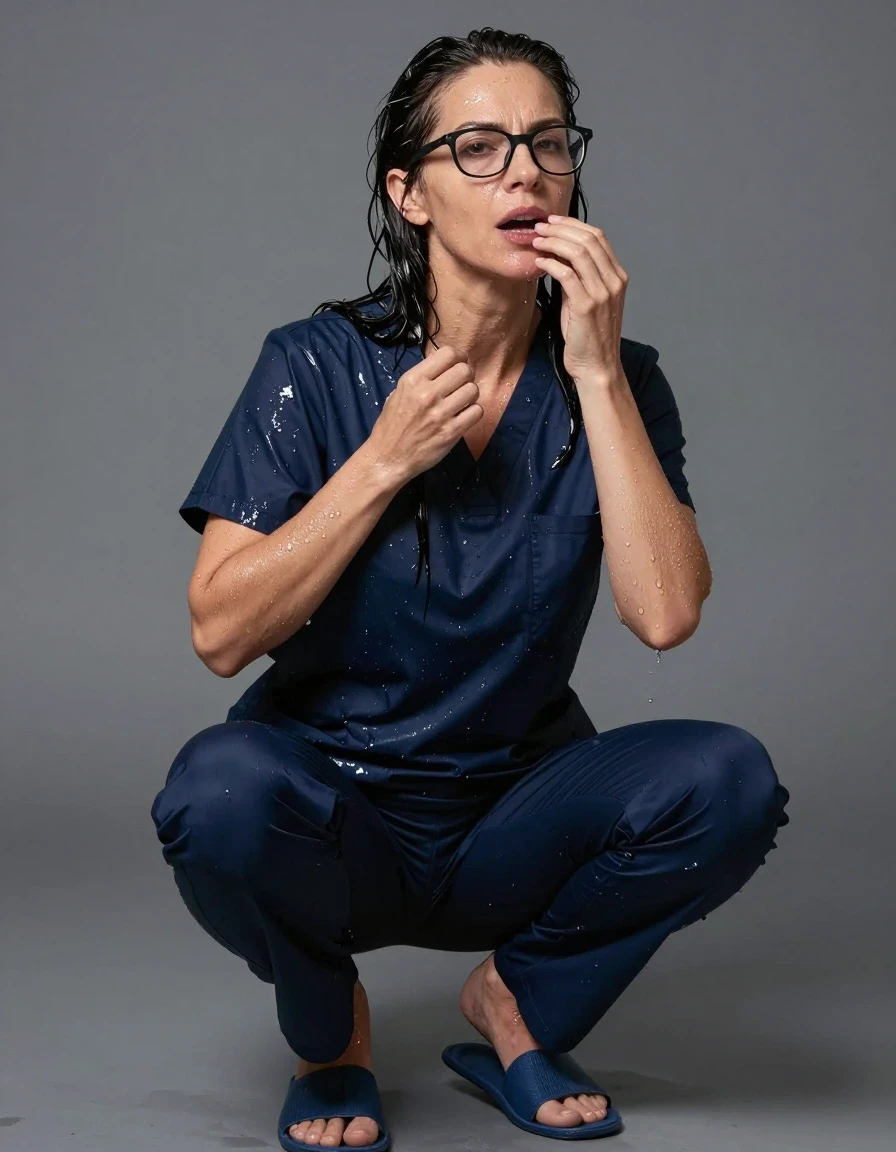 photo of young woman, in soaking wet, drenched clothes,
slippers, dark blue shiny scrubs, dark blue shiny scrubs, enjoying wet clothes stuck body, enjoying, wet clothes stuck to body, 
enjoying, wet clothes stuck to body,
detailed textures of the wet clothes, wet face, wet plastered hair,
wet, drenched, professional, high-quality details, full body view.
sharp focus, ultra-high pixel detail, realistic, high-quality, full colors, incredibly detailed, 4k, 8k, 16k, hyper-realistic, RAW photo, masterpiece, ultra-detailed, professionally color graded, professional photograph, europen brunette skinny woman 50 years old, long dark black hair, office glasses, very big and thick lips, complete body, wet skin, wet clothes, damp fabric, wet skin, wet clothes, damp fabric, wet skin, wet clothes, damp fabric, wet skin, wet clothes, damp fabric, wet skin, wet clothes, damp fabric, wet skin, wet clothes, damp fabric, wet skin, wet clothes, damp fabric