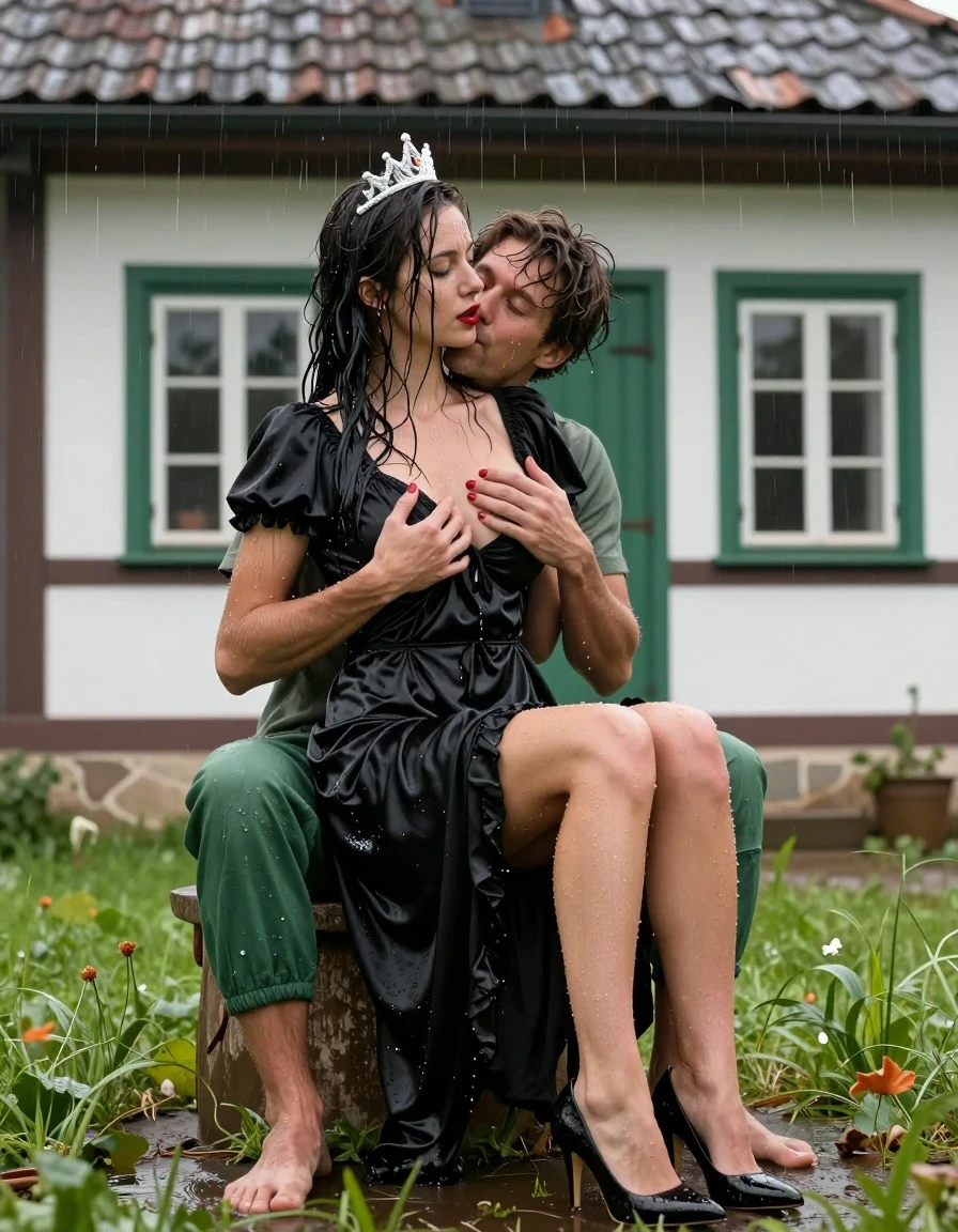 photo of young woman, in soaking wet, drenched clothes,
Schwarze Pumps, Langes Schneewittchen Kleid aus Satin, Kleines gemütliches Fachwerkhaus mit einer grünen Haustüre und mit einem strohgedeckten Dach und grünen Sprossenfenster, 
enjoying, wet clothes stuck to body,
detailed textures of the wet clothes, wet face, wet plastered hair,
wet, drenched, professional, high-quality details, full body view.
sharp focus, ultra-high pixel detail, realistic, high-quality, full colors, incredibly detailed, 4k, 8k, 16k, hyper-realistic, RAW photo, masterpiece, ultra-detailed, professionally color graded, professional photograph, Fotorealistische 5K Ganzkörperaufnahme eines wunderschönen jungen Mädchen, sie sitzt mit ihrem Hintern vor einem kleinen Fachwerkhaus mit Sprossenfenster und einem strohgedeckten Dach im nassen Gras, das Mädchen hat schwarze lange Haare und einen rot geschminkten Mund, ihre Fingernägel sind rot lackiert, auf dem Kopf trägt sie eine silberne kleine Krone, sie hat kleine und zierliche Hände, sie trägt ein langes Schneewittchen Kleid aus Chiffon mit Puffärmeln, es regnet stark und ihre Kleidung ist völlig durchnässt, ihr Rock klebt ihr an den Beinen, ein junger Mann in grünen Boxershorts und nackten Oberkörper sitzt in umgekehrter Richtung auf den Schoss des jungen Mannes und er streichelt zärtlich ihre Brust, sie küssen sich gegenseitig erotisch, wet skin, wet clothes, damp fabric, sie sind beide völlig durchnässt und das Wasser läuft  aus ihren Kleidern., wet skin, wet clothes, damp fabric