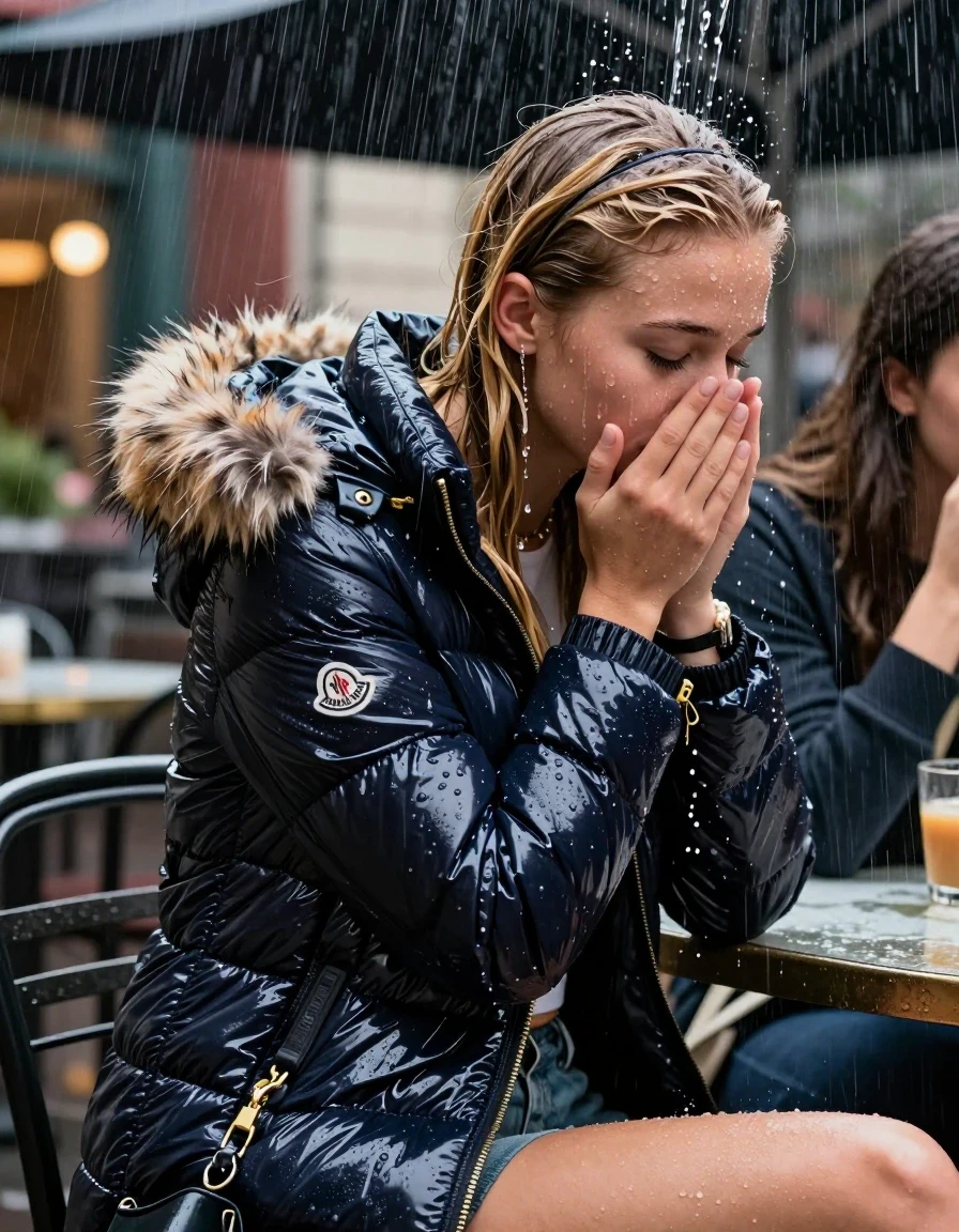 photo of young woman, in soaking wet, drenched clothes,
, , Moncler shiny puffer down jacket with fur, Open jacket, tight v-neck sweater belly free, shoulderbag, pearl necklace, bracelet, wristwatch, stream of rainwater, 
enjoying, wet clothes stuck to body,
detailed textures of the wet clothes, wet face, wet plastered hair,
wet, drenched, professional, high-quality details, full body view.
sharp focus, ultra-high pixel detail, realistic, high-quality, full colors, incredibly detailed, 4k, 8k, 16k, hyper-realistic, RAW photo, masterpiece, ultra-detailed, professionally color graded, professional photograph, A realistic vertical fashion photograph taken from a backward, behind-the-back angle of a 15-year-old teenage girl and her friend sitting in an Outdoor Restaurant under a heavy, concentrated stream of rainwater pouring off the edge of a building roof. She is tilting her head down, letting the water drench her hair so it is glued flat against her head and body. She has blonde Sleek  straight long hair with hairband, completely saturated and dripping wet hair, with water cascading down her face and neck, creating an astonished expression. She hold her hands over her mouth and nose. The lighting is bright and cinematic, highlighting the glistening water droplets on her skin and the saturated texture of her  casual clothes.  Closed eyes. 
her clothing is soaking wet and clinging tightly to her skin, showing heavy wet folds, darkened fabric texture, and deep water-saturated Patches, her clothes are heavy from the water, water runs from her body and her clothes in streams. A lot of water also runs out of her clothes. Her clothes are darkened by the water. 
hyper-realistic wetness, high-contrast water sheen, sharp focus, 16k resolution, professional photography, realistic water physics., wet skin, wet clothes, damp fabric, wet skin, wet clothes, damp fabric, wet skin, wet clothes, damp fabric, wet skin, wet clothes, damp fabric, wet skin, wet clothes, damp fabric