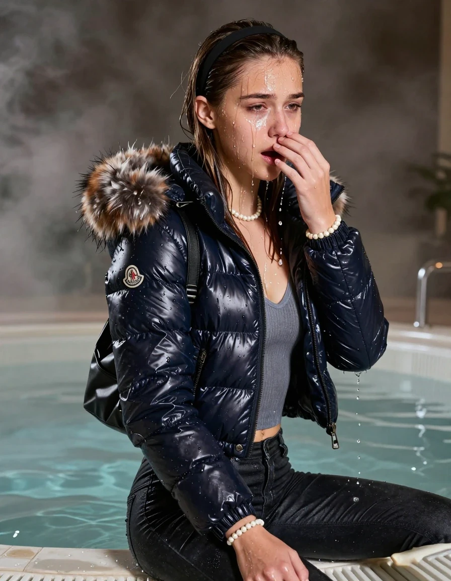 photo of young woman, in soaking wet, drenched clothes,
, Dark skinny jeans, Moncler shiny puffer down jacket with fur, Open jacket, tight v-neck sweater belly free, shoulderbag, pearl necklace, bracelet, wristwatch, Steaming indoor jacuzzi , 
enjoying, wet clothes stuck to body,
detailed textures of the wet clothes, wet face, wet plastered hair,
wet, drenched, professional, high-quality details, full body view.
sharp focus, ultra-high pixel detail, realistic, high-quality, full colors, incredibly detailed, 4k, 8k, 16k, hyper-realistic, RAW photo, masterpiece, ultra-detailed, professionally color graded, professional photograph, A realistic vertical fashion photograph taken from a backward, behind-the-back angle of a 15-year-old teenage girl sitting in a steaming indoor jacuzzi, facing directely into the camera to show her back. She is tilting her head at camera, letting the water drench her hair so it is glued flat against her head and body. She has Sleek  straight long hair with hairband, completely saturated and dripping wet hair, with water cascading down her face and neck, crying and astonished expression. She hold her hand in front of her nose. The lighting is bright and cinematic, highlighting the glistening water droplets on her skin and the saturated texture of her  casual clothes.  Open mouth, half closed eyes. 
her clothing is soaking wet and clinging tightly to her skin, showing heavy wet folds, darkened fabric texture, and deep water-saturated Patches, her clothes are heavy from the water, water runs from her body and her clothes in streams. A lot of water also runs out of her clothes. Her clothes are darkened by the water. 
hyper-realistic wetness, high-contrast water sheen, sharp focus, 16k resolution, professional photography, realistic water physics., wet skin, wet clothes, damp fabric, wet skin, wet clothes, damp fabric, wet skin, wet clothes, damp fabric, wet skin, wet clothes, damp fabric, wet skin, wet clothes, damp fabric, wet skin, wet clothes, damp fabric, wet skin, wet clothes, damp fabric, wet skin, wet clothes, damp fabric