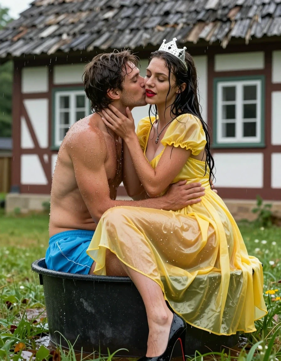 photo of young woman, in soaking wet, drenched clothes,
Schwarze Pumps, Gelbes langes Schneewittchen Kleid aus Satin, Kleines Fachwerkhaus mit einem Strohgedeckten Dach und Sprossenfenster, 
enjoying, wet clothes stuck to body,
detailed textures of the wet clothes, wet face, wet plastered hair,
wet, drenched, professional, high-quality details, full body view.
sharp focus, ultra-high pixel detail, realistic, high-quality, full colors, incredibly detailed, 4k, 8k, 16k, hyper-realistic, RAW photo, masterpiece, ultra-detailed, professionally color graded, professional photograph, Fotorealistische Rückansicht als Ganzkörperaufnahme eines jungen Mädchens, sie sitzt vor einem kleinen Fachwerkhaus mit Sprossenfenster und einem strohgedeckten Dach in einem mit Wasser gefüllten Holzbottich, das Mädchen hat schwarze lange Haare und einen rot geschminkten Mund, sie hat schöne blaue Augen, sie hat mittelgroße flache Brüste, auf dem Kopf trägt sie eine silberne kleine Krone, um den Hals trägt sie eine silberne Halskette, sie trägt ein langes gelbes Schneewittchen Kleid aus Chiffon mit Puffärmeln, es regnet stark und ihr Kleid ist völlig durchnässt, ihre Brüste sind durch den dünnen und transparenten Stoff ihres Kleides gut sichtbar, ihr Rock klebt ihr an den Beinen, Wasser läuft aus ihrem Rock, neben ihr im Holzbottich sitzt ein junger Mann mit nacktem Oberkörper und einer kurzen hellblauen Shorts, sie drückt ihn fest an ihr Kleid und umarmt ihn liebevoll, er fasst ihr an die Schulter, sie küsst ihn auf dem Mund., wet skin, wet clothes, damp fabric
