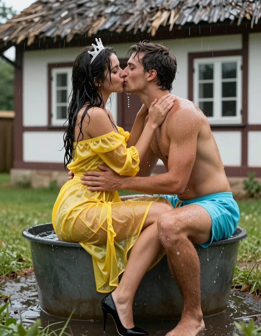 photo of young woman, in soaking wet, drenched clothes,
Schwarze Pumps, Gelbes langes Schneewittchen Kleid aus Satin, Kleines Fachwerkhaus mit einem Strohgedeckten Dach und Sprossenfenster, 
enjoying, wet clothes stuck to body,
detailed textures of the wet clothes, wet face, wet plastered hair,
wet, drenched, professional, high-quality details, full body view.
sharp focus, ultra-high pixel detail, realistic, high-quality, full colors, incredibly detailed, 4k, 8k, 16k, hyper-realistic, RAW photo, masterpiece, ultra-detailed, professionally color graded, professional photograph, Fotorealistische Rückansicht als Ganzkörperaufnahme eines jungen Mädchens, sie sitzt vor einem kleinen Fachwerkhaus mit Sprossenfenster und einem strohgedeckten Dach in einem mit Wasser gefüllten großen Holzbottich, das Mädchen hat schwarze lange Haare und einen rot geschminkten Mund, sie hat schöne blaue Augen, sie hat mittelgroße flache Brüste, auf dem Kopf trägt sie eine silberne kleine Krone, um den Hals trägt sie eine silberne Halskette, sie trägt ein langes gelbes Schneewittchen Kleid aus Chiffon mit Puffärmeln, es regnet stark und ihr Kleid ist völlig durchnässt, ihre Brüste sind durch den dünnen und transparenten Stoff ihres Kleides gut sichtbar, ihr Rock klebt ihr an den Beinen, Wasser läuft aus ihrem Rock, neben ihr im Holzbottich sitzt ein junger Mann mit nacktem Oberkörper und einer kurzen hellblauen Shorts, sie drückt ihn fest an ihr Kleid und umarmt ihn liebevoll, er fasst ihr an die Schulter, sie küsst ihn auf dem Mund., wet skin, wet clothes, damp fabric