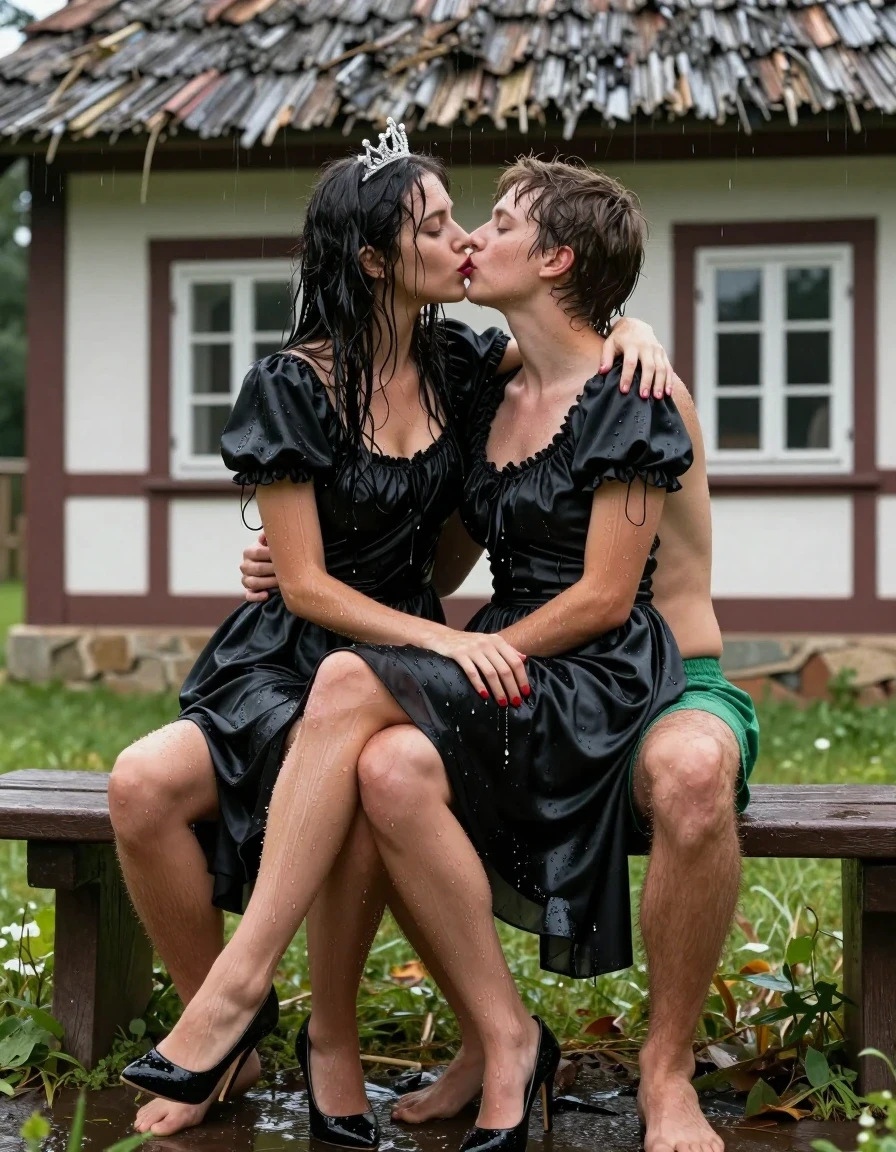 photo of young woman, in soaking wet, drenched clothes,
Schwarze Pumps, Langes Schneewittchen Kleid aus Satin, Kleines Fachwerkhaus mit einem Strohgedeckten Dach und Sprossenfenster, 
enjoying, wet clothes stuck to body,
detailed textures of the wet clothes, wet face, wet plastered hair,
wet, drenched, professional, high-quality details, full body view.
sharp focus, ultra-high pixel detail, realistic, high-quality, full colors, incredibly detailed, 4k, 8k, 16k, hyper-realistic, RAW photo, masterpiece, ultra-detailed, professionally color graded, professional photograph, Fotorealistische Ganzkörperaufnahme eines wunderschönen jungen Mädchen, sie sitzt vor einem kleinen Fachwerkhaus mit Sprossenfenster und einem strohgedeckten Dach auf einer Bank, das Mädchen hat schwarze lange Haare und einen rot geschminkten Mund, auf dem Kopf trägt sie eine silberne kleine Krone, sie hat kleine und zierliche Hände, sie trägt ein langes Schneewittchen Kleid aus Chiffon mit Puffärmeln, es regnet stark und ihre Kleidung ist völlig durchnässt, ihr Rock klebt ihr an den Beinen, neben ihr sitzt ein junger Mann mit grüner Boxershorts, nackten Oberkörper, sie sitzt rittlings auf seinem Schoß und umarmt ihn ganz eng, sie küsst ihn auf den offenen Mund, wet skin, wet clothes, damp fabric, er legt seine Hand in ihren nassen Rock., wet skin, wet clothes, damp fabric