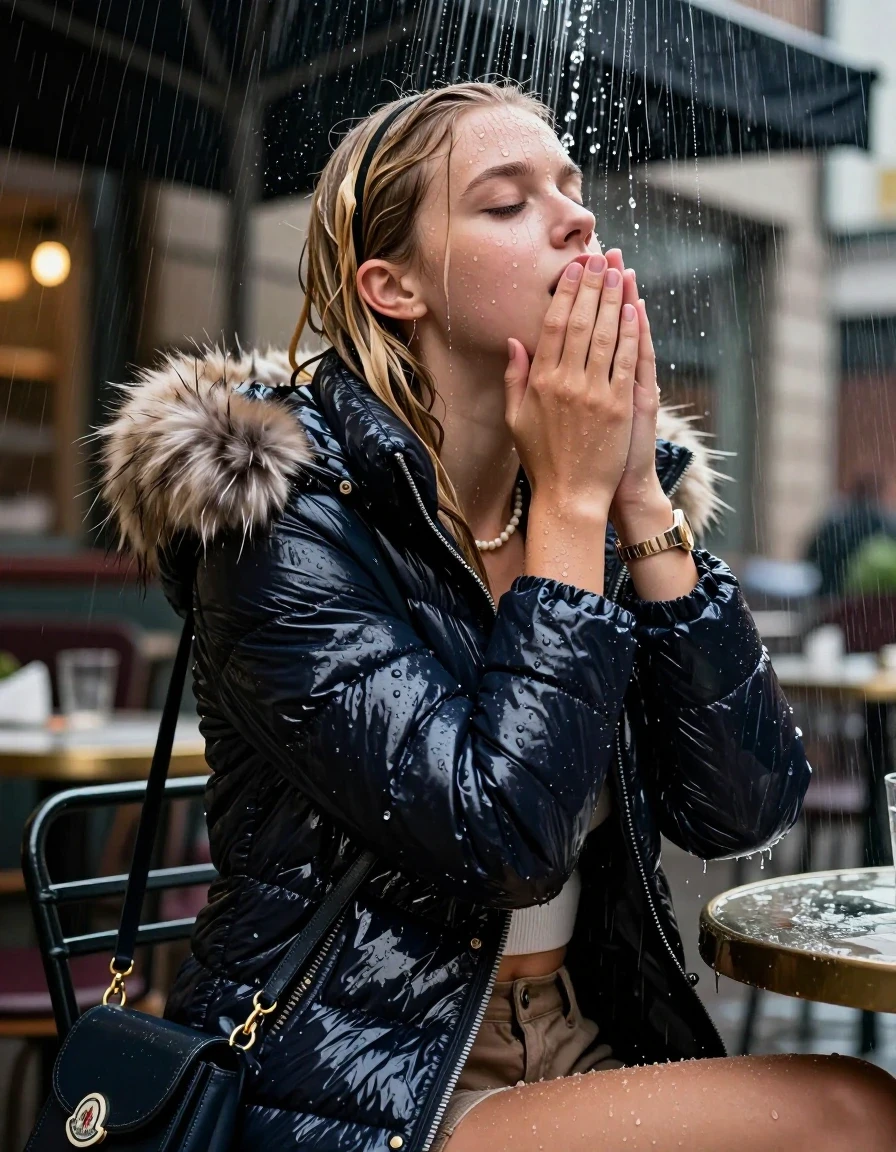 photo of young woman, in soaking wet, drenched clothes,
, , Moncler shiny puffer down jacket with fur, Open jacket, tight v-neck sweater belly free, shoulderbag, pearl necklace, bracelet, wristwatch, stream of rainwater, 
enjoying, wet clothes stuck to body,
detailed textures of the wet clothes, wet face, wet plastered hair,
wet, drenched, professional, high-quality details, full body view.
sharp focus, ultra-high pixel detail, realistic, high-quality, full colors, incredibly detailed, 4k, 8k, 16k, hyper-realistic, RAW photo, masterpiece, ultra-detailed, professionally color graded, professional photograph, A realistic vertical fashion photograph taken from a backward, behind-the-back angle of a 15-year-old teenage girl sitting in an Outdoor Restaurant under a heavy, concentrated stream of rainwater pouring off the edge of a building roof. She is tilting her head back, letting the water drench her hair so it is glued flat against her head and body. She has blonde Sleek  straight long hair with hairband, completely saturated and dripping wet hair, with water cascading down her face and neck, creating an astonished expression. She hold her hands over her mouth and nose. The lighting is bright and cinematic, highlighting the glistening water droplets on her skin and the saturated texture of her  casual clothes.  Closed eyes. 
her clothing is soaking wet and clinging tightly to her skin, showing heavy wet folds, darkened fabric texture, and deep water-saturated Patches, her clothes are heavy from the water, water runs from her body and her clothes in streams. A lot of water also runs out of her clothes. Her clothes are darkened by the water. 
hyper-realistic wetness, high-contrast water sheen, sharp focus, 16k resolution, professional photography, realistic water physics., wet skin, wet clothes, damp fabric, wet skin, wet clothes, damp fabric, wet skin, wet clothes, damp fabric, wet skin, wet clothes, damp fabric, wet skin, wet clothes, damp fabric