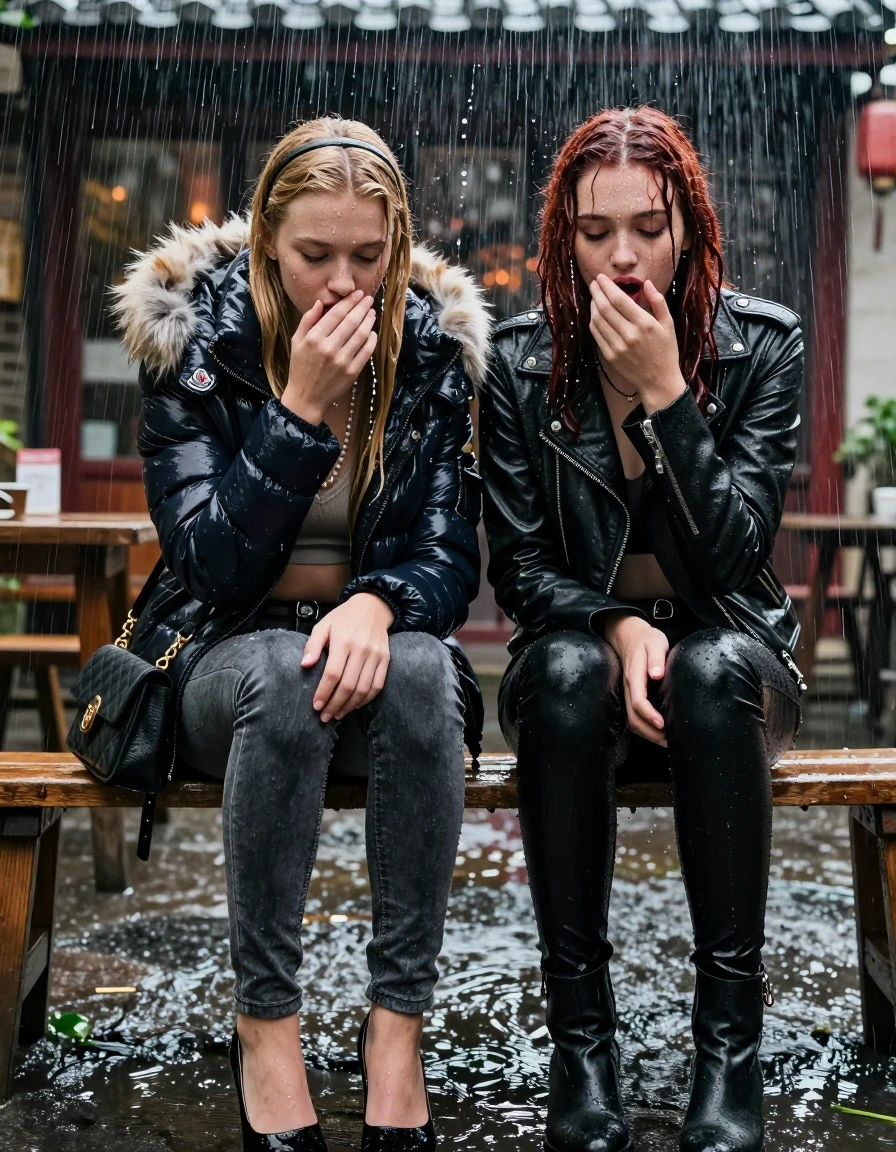 photo of young woman, in soaking wet, drenched clothes,
, Dark skinny jeans, Moncler shiny puffer down jacket with fur, Open jacket, tight v-neck sweater belly free, shoulderbag, pearl necklace, bracelet, wristwatch, Behind view: stream of rainwater, 
enjoying, wet clothes stuck to body,
detailed textures of the wet clothes, wet face, wet plastered hair,
wet, drenched, professional, high-quality details, full body view.
sharp focus, ultra-high pixel detail, realistic, high-quality, full colors, incredibly detailed, 4k, 8k, 16k, hyper-realistic, RAW photo, masterpiece, ultra-detailed, professionally color graded, professional photograph, two 15-year-old teenage girl sitting in an Outdoor Chinese-Restaurant under a heavy, concentrated stream of rainwater pouring off the edge of a building roof. The girls look down at camera, letting the water drench her hair so it is glued flat against her head and body. One has blonde Sleek  straight long hair with hairband, one has shoulder-length dark auburn hair , completely  saturated and dripping wet hair, with water cascading down her face and neck, shocked expression. One hold her hand over her mouth. One hold her hand over her nose. One Girl wears a moncler shiny puffer down jacket with fur, grey skinny jeans and black heels. One a biker leatherjacket with Black leatherleggings and ankle boots. Open mouth, closed eyes. The lighting is bright and cinematic, highlighting the glistening water droplets on her skin and the saturated texture of her  casual clothes. 
her clothing is soaking wet and clinging tightly to her skin, showing heavy wet folds, darkened fabric texture, and deep water-saturated Patches, her clothes are heavy from the water, water runs from her body and her clothes in streams. A lot of water also runs out of her clothes. Her clothes are darkened by the water. 
hyper-realistic wetness, high-contrast water sheen, sharp focus, 16k resolution, professional photography, realistic water physics., wet skin, wet clothes, damp fabric, wet skin, wet clothes, damp fabric, wet skin, wet clothes, damp fabric, wet skin, wet clothes, damp fabric, wet skin, wet clothes, damp fabric