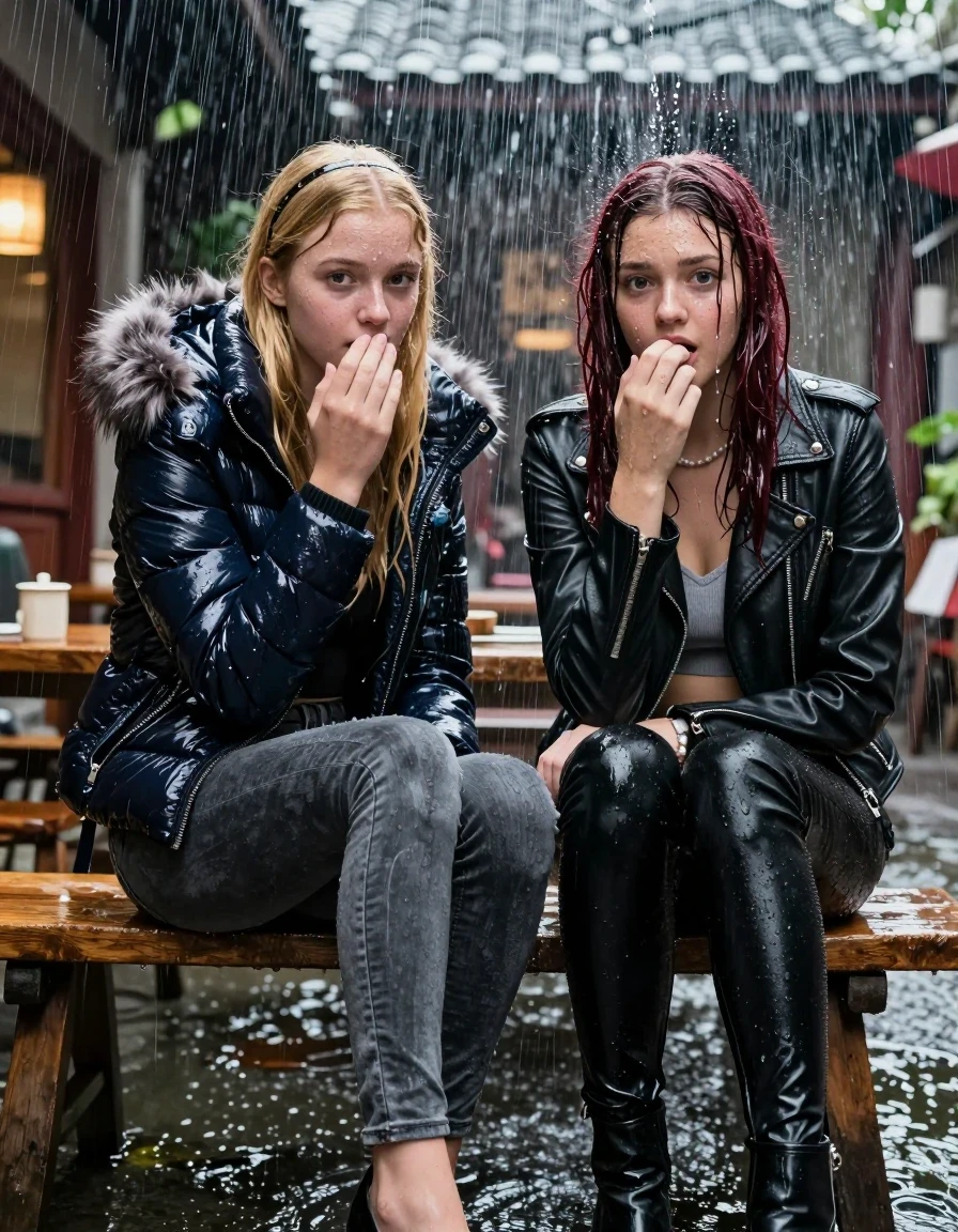 photo of young woman, in soaking wet, drenched clothes,
, Dark skinny jeans, Moncler shiny puffer down jacket with fur, Open jacket, tight v-neck sweater belly free, shoulderbag, pearl necklace, bracelet, wristwatch, Behind view: stream of rainwater, 
enjoying, wet clothes stuck to body,
detailed textures of the wet clothes, wet face, wet plastered hair,
wet, drenched, professional, high-quality details, full body view.
sharp focus, ultra-high pixel detail, realistic, high-quality, full colors, incredibly detailed, 4k, 8k, 16k, hyper-realistic, RAW photo, masterpiece, ultra-detailed, professionally color graded, professional photograph, two 15-year-old teenage girl sitting in an Outdoor Chinese-Restaurant under a heavy, concentrated stream of rainwater pouring off the edge of a building roof. The girls look at camera, letting the water drench her hair so it is glued flat against her head and body. One has blonde Sleek  straight long hair with hairband, one has shoulder-length dark auburn hair , completely  saturated and dripping wet hair, with water cascading down her face and neck, shocked expression. One hold her hand over her mouth. One hold her hand over her nose. One Girl wears a moncler shiny puffer down jacket with fur, grey skinny jeans and black heels. One a biker leatherjacket with Black leatherleggings and ankle boots. Open mouth, big eyes. The lighting is bright and cinematic, highlighting the glistening water droplets on her skin and the saturated texture of her  casual clothes. 
her clothing is soaking wet and clinging tightly to her skin, showing heavy wet folds, darkened fabric texture, and deep water-saturated Patches, her clothes are heavy from the water, water runs from her body and her clothes in streams. A lot of water also runs out of her clothes. Her clothes are darkened by the water. 
hyper-realistic wetness, high-contrast water sheen, sharp focus, 16k resolution, professional photography, realistic water physics., wet skin, wet clothes, damp fabric, wet skin, wet clothes, damp fabric, wet skin, wet clothes, damp fabric, wet skin, wet clothes, damp fabric, wet skin, wet clothes, damp fabric