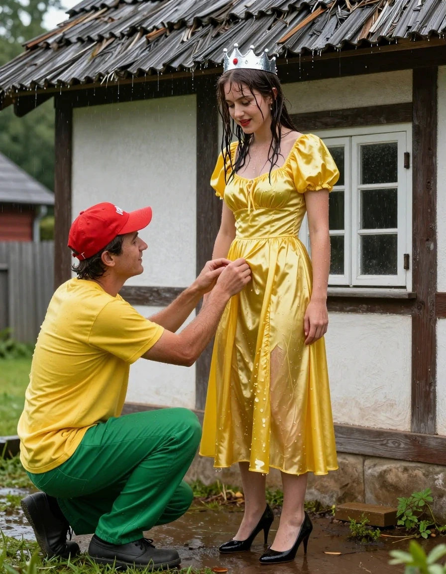 photo of young woman, in soaking wet, drenched clothes,
Schwarze Pumps, Gelbes Schneewittchen Kleid aus Satin, Kleines Fachwerkhaus mit einem Strohgedeckten Dach und Sprossenfenster, 
enjoying, wet clothes stuck to body,
detailed textures of the wet clothes, wet face, wet plastered hair,
wet, drenched, professional, high-quality details, full body view.
sharp focus, ultra-high pixel detail, realistic, high-quality, full colors, incredibly detailed, 4k, 8k, 16k, hyper-realistic, RAW photo, masterpiece, ultra-detailed, professionally color graded, professional photograph, Fotorealistische Ganzkörperaufnahme eines jungen Mädchens vor einem kleinen Fachwerkhaus mit Sprossenfenster und einem strohgedeckten Dach, das Mädchen hat schwarze lange Haare und einen rot geschminkten Mund, auf dem Kopf trägt sie eine silberne kleine Krone, sie trägt ein langes gelbes Schneewittchen Kleid aus Chiffon mit Puffärmeln, es regnet stark und ihre Kleidung ist völlig durchnässt, ihr Rock klebt ihr an den Beinen, vor ihr kniet ein kleiner Mann mit grüner Hose, gelben T-Shirt und einer roten Zipfelmütze, sie lächelt den jungen Mann freundlich an, er fasst mit der Hand an ihren Rockzipfel,, wet skin, wet clothes, damp fabric