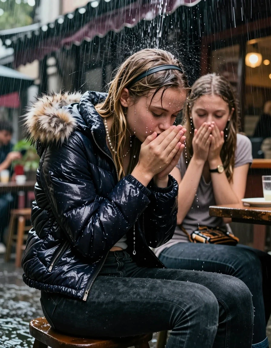 photo of young woman, in soaking wet, drenched clothes,
, Dark skinny jeans, Moncler shiny puffer down jacket with fur, Open jacket, tight v-neck sweater belly free, shoulderbag, pearl necklace, bracelet, wristwatch, Behind view: stream of rainwater, 
enjoying, wet clothes stuck to body,
detailed textures of the wet clothes, wet face, wet plastered hair,
wet, drenched, professional, high-quality details, full body view.
sharp focus, ultra-high pixel detail, realistic, high-quality, full colors, incredibly detailed, 4k, 8k, 16k, hyper-realistic, RAW photo, masterpiece, ultra-detailed, professionally color graded, professional photograph, A realistic vertical fashio


of two 15-year-old teenage girl sitting in an Outdoor Chinese-Restaurant under a heavy, concentrated stream of rainwater pouring off the edge of a building roof. She is tilting her head down, letting the water drench her hair so it is glued flat against her head and body. She has blonde Sleek  straight long hair with hairband, completely saturated and dripping wet hair, with water cascading down her face and neck, creating an astonished expression. She hold her hands over her mouth and nose. The lighting is bright and cinematic, highlighting the glistening water droplets on her skin and the saturated texture of her  casual clothes.  Closed eyes. 
her clothing is soaking wet and clinging tightly to her skin, showing heavy wet folds, darkened fabric texture, and deep water-saturated Patches, her clothes are heavy from the water, water runs from her body and her clothes in streams. A lot of water also runs out of her clothes. Her clothes are darkened by the water. 
hyper-realistic wetness, high-contrast water sheen, sharp focus, 16k resolution, professional photography, realistic water physics., wet skin, wet clothes, damp fabric, wet skin, wet clothes, damp fabric, wet skin, wet clothes, damp fabric, wet skin, wet clothes, damp fabric, wet skin, wet clothes, damp fabric