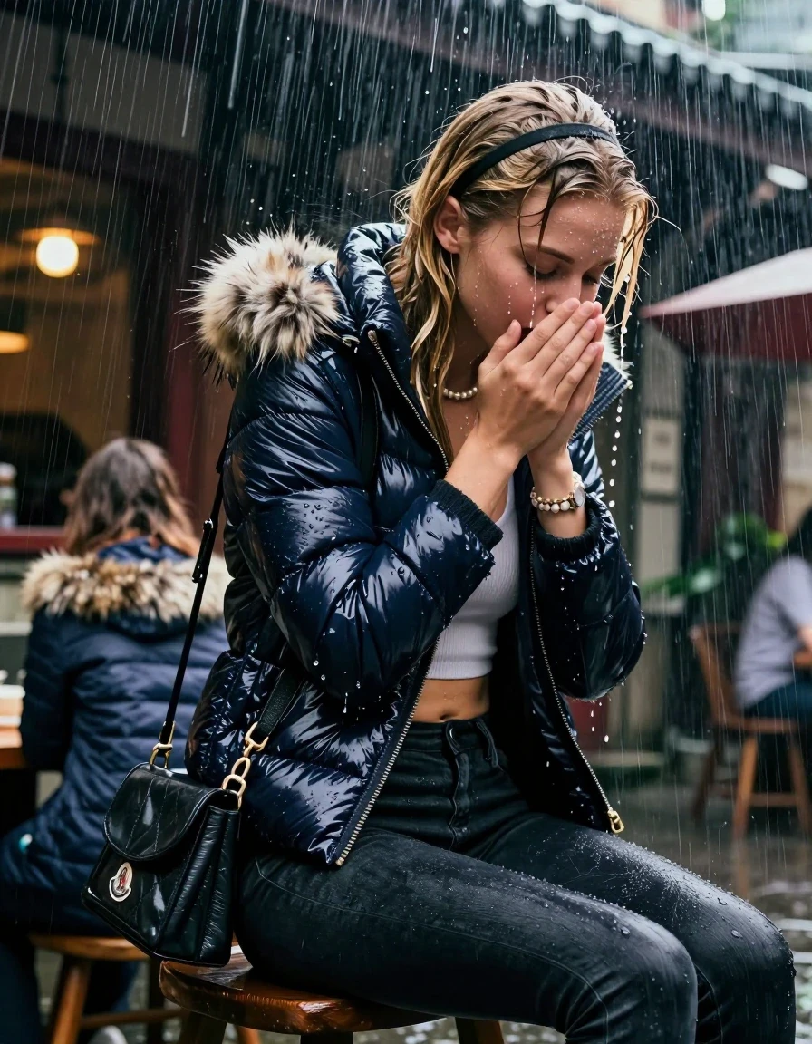 photo of young woman, in soaking wet, drenched clothes,
, Dark skinny jeans, Moncler shiny puffer down jacket with fur, Open jacket, tight v-neck sweater belly free, shoulderbag, pearl necklace, bracelet, wristwatch, Behind view: stream of rainwater, 
enjoying, wet clothes stuck to body,
detailed textures of the wet clothes, wet face, wet plastered hair,
wet, drenched, professional, high-quality details, full body view.
sharp focus, ultra-high pixel detail, realistic, high-quality, full colors, incredibly detailed, 4k, 8k, 16k, hyper-realistic, RAW photo, masterpiece, ultra-detailed, professionally color graded, professional photograph, A realistic vertical fashion photograph taken from a backward, behind-the-back angle of a 15-year-old teenage girl and her friend sitting in an Outdoor  Chinese Restaurant under a heavy, concentrated stream of rainwater pouring off the edge of a building roof. She is tilting her head down, letting the water drench her hair so it is glued flat against her head and body. She has blonde Sleek  straight long hair with hairband, completely saturated and dripping wet hair, with water cascading down her face and neck, creating an astonished expression. She hold her hands over her mouth and nose. The lighting is bright and cinematic, highlighting the glistening water droplets on her skin and the saturated texture of her  casual clothes.  Closed eyes. 
her clothing is soaking wet and clinging tightly to her skin, showing heavy wet folds, darkened fabric texture, and deep water-saturated Patches, her clothes are heavy from the water, water runs from her body and her clothes in streams. A lot of water also runs out of her clothes. Her clothes are darkened by the water. 
hyper-realistic wetness, high-contrast water sheen, sharp focus, 16k resolution, professional photography, realistic water physics., wet skin, wet clothes, damp fabric, wet skin, wet clothes, damp fabric, wet skin, wet clothes, damp fabric, wet skin, wet clothes, damp fabric, wet skin, wet clothes, damp fabric