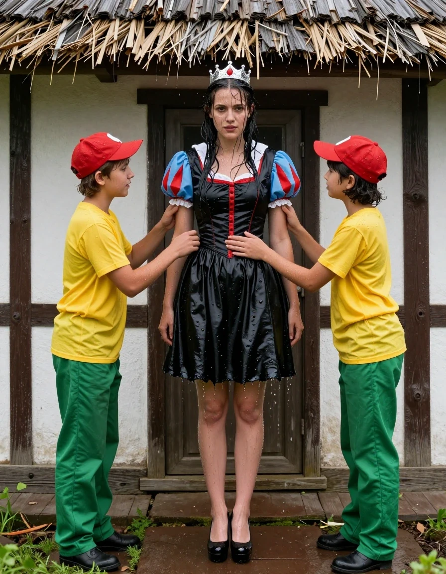 photo of young woman, in soaking wet, drenched clothes,
Schwarze Pumps, Schneewittchen Kleid aus Satin, Kleines Fachwerkhaus mit einem Strohgedeckten Dach und Sprossenfenster, 
enjoying, wet clothes stuck to body,
detailed textures of the wet clothes, wet face, wet plastered hair,
wet, drenched, professional, high-quality details, full body view.
sharp focus, ultra-high pixel detail, realistic, high-quality, full colors, incredibly detailed, 4k, 8k, 16k, hyper-realistic, RAW photo, masterpiece, ultra-detailed, professionally color graded, professional photograph, Fotorealistische Ganzkörperaufnahme eines jungen Mädchens vor einem kleinen Fachwerkhaus mit Sprossenfenster und einem strohgedeckten Dach, das Mädchen hat schwarze lange Haare und einen rot geschminkten Mund, auf dem Kopf trägt sie eine silberne kleine Krone, sie trägt ein langes Schneewittchen Kleid aus Chiffon mit Puffärmeln, es regnet stark und ihre Kleidung ist völlig durchnässt, ihr Rock klebt ihr an den Beinen, vor ihr steht ein sehr kleiner sehr junger Mann mit grüner Hose, gelben T-Shirt und einer roten Zipfelmütze, er fasst mit der Hand an ihren Rockzipfel,, wet skin, wet clothes, damp fabric, sie umarmt ihn zärtlich., wet skin, wet clothes, damp fabric