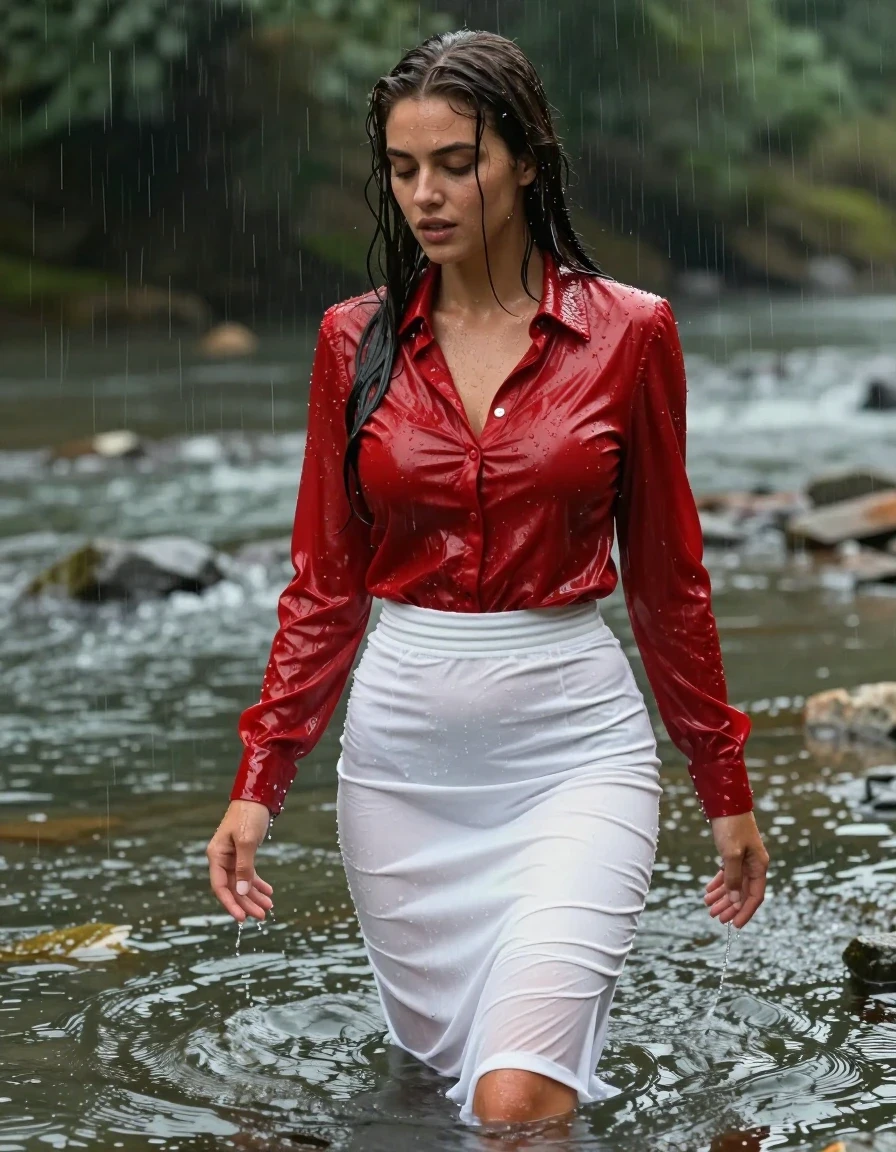 photo of young woman, in soaking wet, drenched clothes,
pumps, white tight long skirt, shiny light red blouse , long blouse, river, rain, 
enjoying, wet clothes stuck to body,
detailed textures of the wet clothes, wet face, wet plastered hair,
wet, drenched, professional, high-quality details, full body view.
sharp focus, ultra-high pixel detail, realistic, high-quality, full colors, incredibly detailed, 4k, 8k, 16k, hyper-realistic, RAW photo, masterpiece, ultra-detailed, professionally color graded, professional photograph, collar, long sleeves, long blouse, unbuttoned, 
wet hair, long hair, drenched, dripping wet, submerged, full body, wet skin, wet clothes, damp fabric