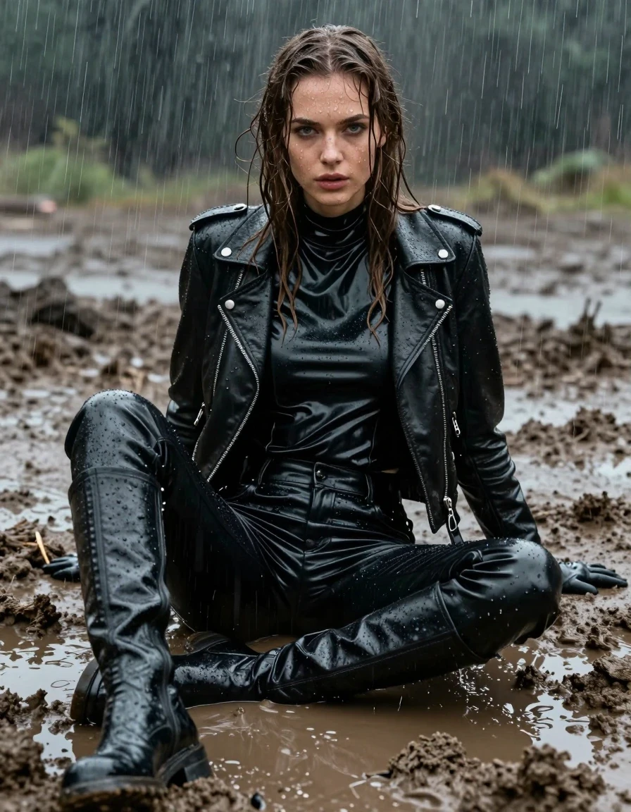 A photorealistic medium shot of a young adult European woman with long, dripping wet brown hair, sitting in a mud pit during a heavy rainstorm. She is wearing an oversize black vinyl polar neck shirt, black vinyl pants, a black biker leather jacket, black leather knee-high boots, and black leather gloves. Every garment is heavily drenched, with the black vinyl and leather surfaces displaying a high-gloss, slick wet sheen, deep dark tones, and water cascading off the folds and seams. Her skin is glistening with rain, with water droplets and streaks visible on her face and neck. The environment is a dark, muddy landscape with heavy rainfall creating splashes and muddy textures. The lighting is moody and atmospheric, emphasizing the reflective, wet textures of the clothing and skin. The composition is clean, maintaining full modesty throughout, with no nudity, focusing on the tactile, soaked quality of the materials and the intense wetness of the scene.