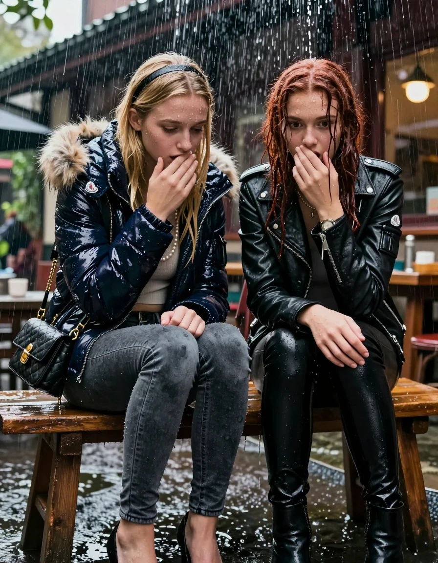 photo of young woman, in soaking wet, drenched clothes,
, Dark skinny jeans, Moncler shiny puffer down jacket with fur, Open jacket, tight v-neck sweater belly free, shoulderbag, pearl necklace, bracelet, wristwatch, Behind view: stream of rainwater, 
enjoying, wet clothes stuck to body,
detailed textures of the wet clothes, wet face, wet plastered hair,
wet, drenched, professional, high-quality details, full body view.
sharp focus, ultra-high pixel detail, realistic, high-quality, full colors, incredibly detailed, 4k, 8k, 16k, hyper-realistic, RAW photo, masterpiece, ultra-detailed, professionally color graded, professional photograph, two 15-year-old teenage girl sitting in an Outdoor Chinese-Restaurant under a heavy, concentrated stream of rainwater pouring off the edge of a building roof. The girls look down at camera, letting the water drench her hair so it is glued flat against her head and body. One has blonde Sleek  straight long hair with hairband, one has shoulder-length dark auburn hair , completely  saturated and dripping wet hair, with water cascading down her face and neck, shocked expression. One hold her hand over her mouth. One hold her hand over her nose. One Girl wears a moncler shiny puffer down jacket with fur, grey skinny jeans and black heels. One a biker leatherjacket with Black leatherleggings and ankle boots. Open mouth, big eyes. The lighting is bright and cinematic, highlighting the glistening water droplets on her skin and the saturated texture of her  casual clothes. 
her clothing is soaking wet and clinging tightly to her skin, showing heavy wet folds, darkened fabric texture, and deep water-saturated Patches, her clothes are heavy from the water, water runs from her body and her clothes in streams. A lot of water also runs out of her clothes. Her clothes are darkened by the water. 
hyper-realistic wetness, high-contrast water sheen, sharp focus, 16k resolution, professional photography, realistic water physics., wet skin, wet clothes, damp fabric, wet skin, wet clothes, damp fabric, wet skin, wet clothes, damp fabric, wet skin, wet clothes, damp fabric, wet skin, wet clothes, damp fabric