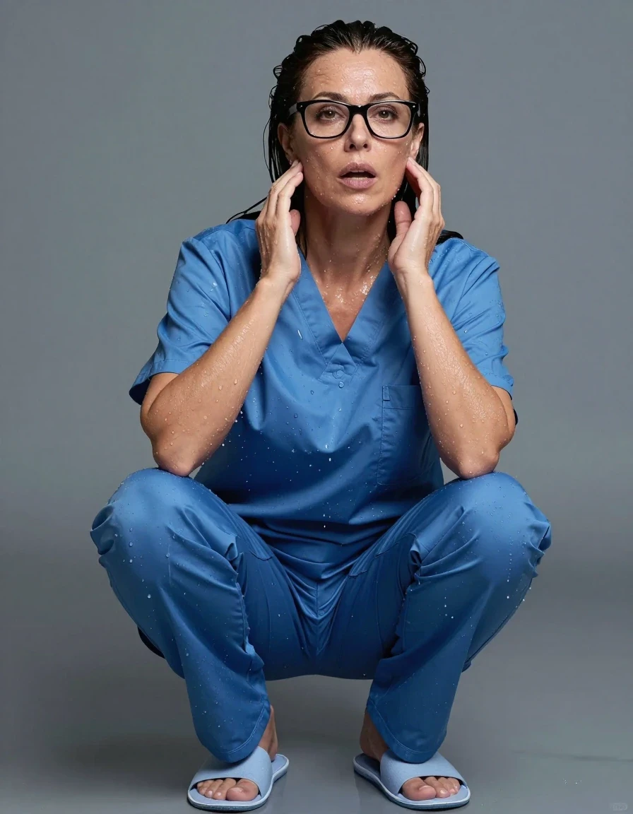 photo of young woman, in soaking wet, drenched clothes,
slippers, blue shiny scrubs, blue shiny scrubs, enjoying wet clothes stuck body, enjoying, wet clothes stuck to body, 
enjoying, wet clothes stuck to body,
detailed textures of the wet clothes, wet face, wet plastered hair,
wet, drenched, professional, high-quality details, full body view.
sharp focus, ultra-high pixel detail, realistic, high-quality, full colors, incredibly detailed, 4k, 8k, 16k, hyper-realistic, RAW photo, masterpiece, ultra-detailed, professionally color graded, professional photograph, europen brunette skinny woman 50 years old, long dark black hair, office glasses, very big and thick lips, complete body, wet skin, wet clothes, damp fabric, wet skin, wet clothes, damp fabric, wet skin, wet clothes, damp fabric, wet skin, wet clothes, damp fabric, wet skin, wet clothes, damp fabric, wet skin, wet clothes, damp fabric, wet skin, wet clothes, damp fabric