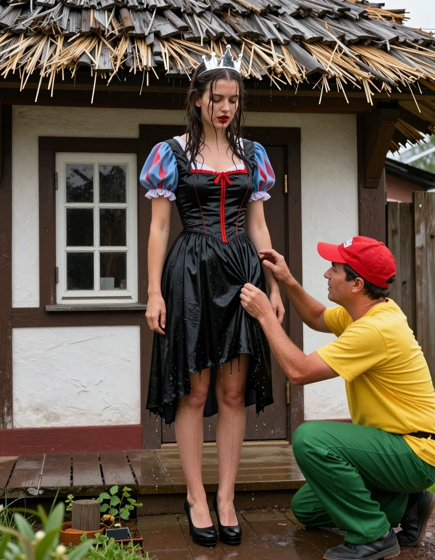 photo of young woman, in soaking wet, drenched clothes,
Schwarze Pumps, Schneewittchen Kleid aus Satin, Kleines Fachwerkhaus mit einem Strohgedeckten Dach und Sprossenfenster, 
enjoying, wet clothes stuck to body,
detailed textures of the wet clothes, wet face, wet plastered hair,
wet, drenched, professional, high-quality details, full body view.
sharp focus, ultra-high pixel detail, realistic, high-quality, full colors, incredibly detailed, 4k, 8k, 16k, hyper-realistic, RAW photo, masterpiece, ultra-detailed, professionally color graded, professional photograph, Fotorealistische Ganzkörperaufnahme eines jungen Mädchens vor einem kleinen Fachwerkhaus mit Sprossenfenster und einem strohgedeckten Dach, das Mädchen hat schwarze lange Haare und einen rot geschminkten Mund, auf dem Kopf trägt sie eine silberne kleine Krone, sie trägt ein langes Schneewittchen Kleid aus Chiffon mit Puffärmeln, es regnet stark und ihre Kleidung ist völlig durchnässt, ihr Rock klebt ihr an den Beinen, vor ihr kniet ein kleiner Mann mit grüner Hose, gelben T-Shirt und einer roten Zipfelmütze, er fasst mit der Hand an ihren Rockzipfel,, wet skin, wet clothes, damp fabric