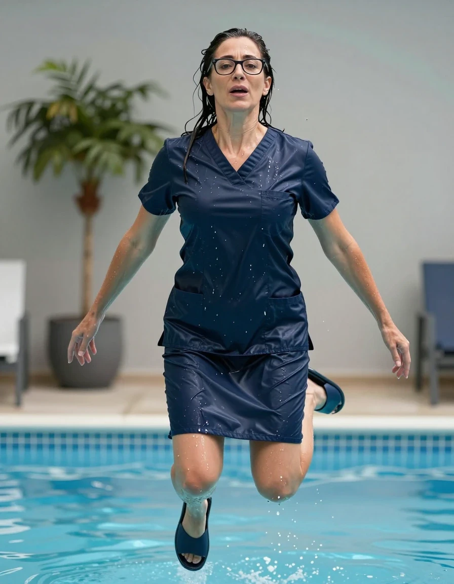 photo of young woman, in soaking wet, drenched clothes,
slippers, dark blue shiny scrub skirt, dark blue shiny scrub top, jumping in pool, enjoying wet clothes stuck body, enjoying, wet clothes stuck to body, 
enjoying, wet clothes stuck to body,
detailed textures of the wet clothes, wet face, wet plastered hair,
wet, drenched, professional, high-quality details, full body view.
sharp focus, ultra-high pixel detail, realistic, high-quality, full colors, incredibly detailed, 4k, 8k, 16k, hyper-realistic, RAW photo, masterpiece, ultra-detailed, professionally color graded, professional photograph, europen brunette skinny woman 50 years old, long dark black hair, office glasses, very big and thick lips, complete body, wet skin, wet clothes, damp fabric, wet skin, wet clothes, damp fabric, wet skin, wet clothes, damp fabric, wet skin, wet clothes, damp fabric, wet skin, wet clothes, damp fabric, wet skin, wet clothes, damp fabric, wet skin, wet clothes, damp fabric