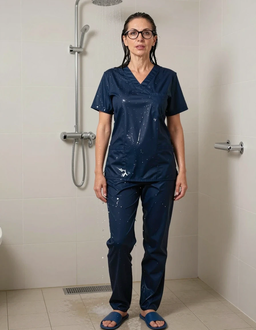 photo of young woman, in soaking wet, drenched clothes,
slippers, dark blue shiny scrubs, dark blue shiny scrubs, shower, enjoying wet clothes stuck body, enjoying, wet clothes stuck to body, 
enjoying, wet clothes stuck to body,
detailed textures of the wet clothes, wet face, wet plastered hair,
wet, drenched, professional, high-quality details, full body view.
sharp focus, ultra-high pixel detail, realistic, high-quality, full colors, incredibly detailed, 4k, 8k, 16k, hyper-realistic, RAW photo, masterpiece, ultra-detailed, professionally color graded, professional photograph, europen brunette skinny woman 50 years old, long dark black hair, office glasses, very big and thick lips, complete body, wet skin, wet clothes, damp fabric, wet skin, wet clothes, damp fabric, wet skin, wet clothes, damp fabric, wet skin, wet clothes, damp fabric, wet skin, wet clothes, damp fabric, wet skin, wet clothes, damp fabric, wet skin, wet clothes, damp fabric