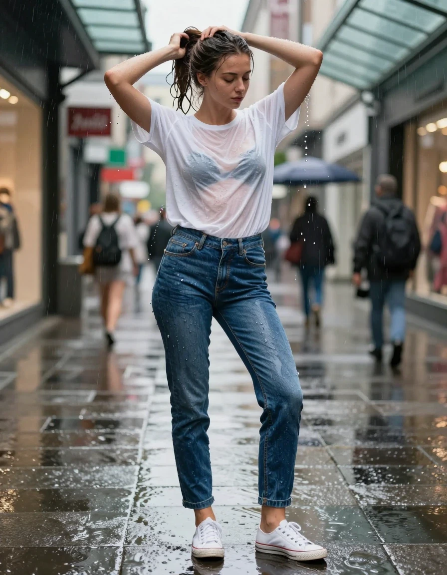 A young adult European woman standing under a glass awning in a busy urban shopping district during a torrential downpour. She is wringing out her wet ponytail, raindrops splashing off her clothing. She wears a translucent white cotton t-shirt, completely drenched and clinging to her skin, revealing natural skin texture and visible nipples, no bra. She is wearing soaking-wet navy blue denim jeans, water-saturated heavyweight denim, blue changed to deep navy and indigo, substantially darker unevenly soaked patches, absorbed water, heavy wet folds, visible weave and stitching, and strong glossy specular reflections on the raised weave, seams, and creases. On her feet are soaked white canvas sneakers with visible water puddles around the soles. The scene is captured in sharp focus, natural daylight, wide angle eye-level street photography, highly detailed textile textures, realistic wet skin, wet hair, water sheen, and weight of wet fabric.