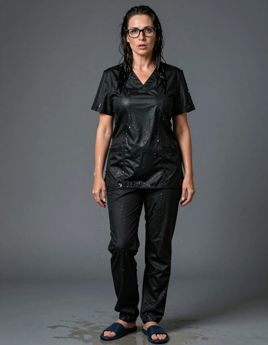 photo of young woman, in soaking wet, drenched clothes,
slippers, black shiny scrubs, black shiny scrubs, enjoying wet clothes stuck body, enjoying, wet clothes stuck to body, 
enjoying, wet clothes stuck to body,
detailed textures of the wet clothes, wet face, wet plastered hair,
wet, drenched, professional, high-quality details, full body view.
sharp focus, ultra-high pixel detail, realistic, high-quality, full colors, incredibly detailed, 4k, 8k, 16k, hyper-realistic, RAW photo, masterpiece, ultra-detailed, professionally color graded, professional photograph, europen brunette skinny woman 50 years old, long dark black hair, office glasses, very big and thick lips, complete body, wet skin, wet clothes, damp fabric, wet skin, wet clothes, damp fabric, wet skin, wet clothes, damp fabric, wet skin, wet clothes, damp fabric, wet skin, wet clothes, damp fabric, wet skin, wet clothes, damp fabric, wet skin, wet clothes, damp fabric