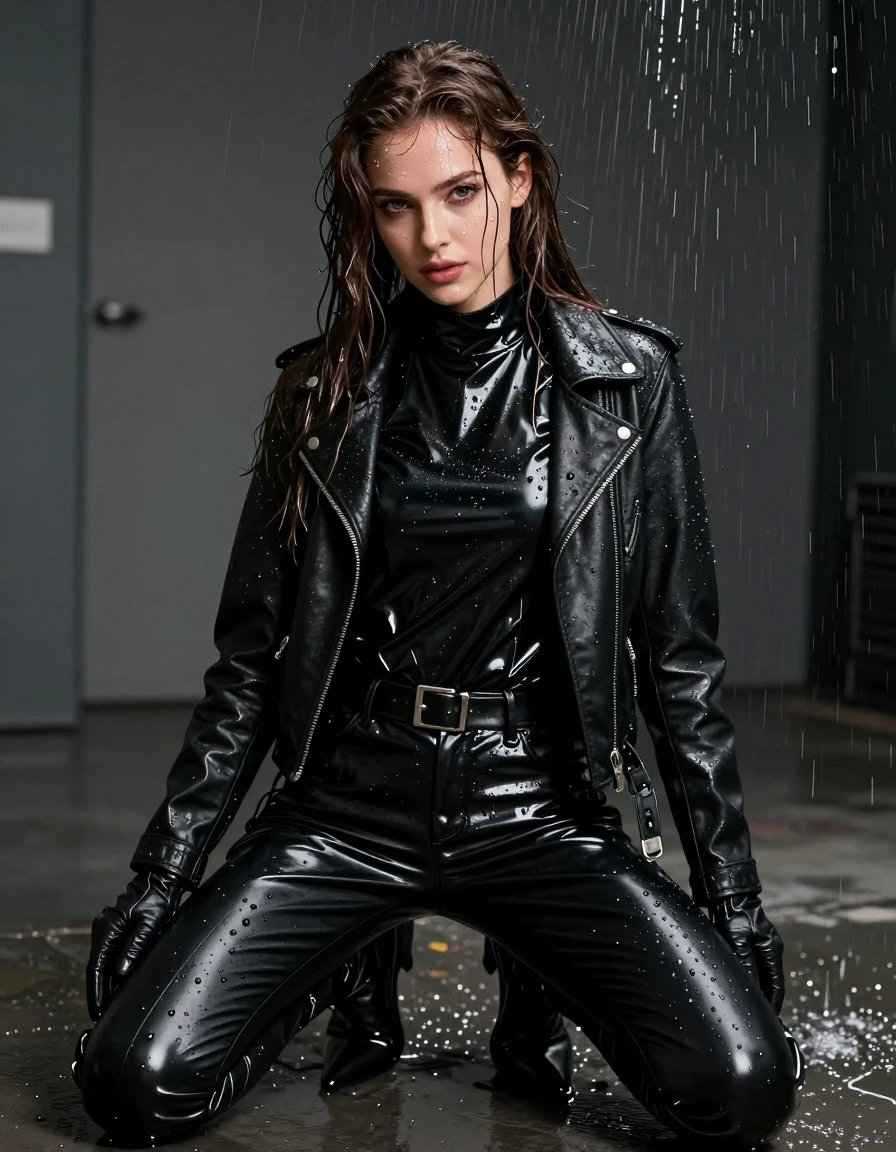 A high-detail photorealistic portrait of a young adult European woman with long, dripping wet brown hair, captured in a state of total saturation. She is wearing an oversize black vinyl polar neck shirt, black vinyl pants, a black biker's leather jacket, and black leather knee-high boots, with leather gloves on both hands. The vinyl and leather garments are heavily drenched, showing intense glossy specular reflections, water sheen, and water clinging to the fabric surfaces. Her skin is visibly wet with glistening droplets. She is kneeling on the floor in a dim room with water continuously dripping from the ceiling, creating a drenched atmosphere. The lighting highlights the texture of the wet vinyl and leather, emphasizing the dark, heavy, and soaked appearance of the clothing. The composition is a medium shot focusing on the subject, ensuring complete modesty with no nudity, maintaining clear and clean anatomy throughout, with professional cinematic lighting, sharp focus on the wet textures, and a high-contrast photographic style.