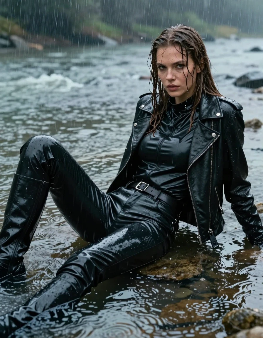A photorealistic medium shot of a young adult European woman with long, dripping wet brown hair, captured in the middle of a heavy rainstorm while relaxing partially submerged in a shallow river. She is wearing an oversize black vinyl polar neck shirt, black vinyl pants, a rugged black biker's leather jacket, and black leather knee-high boots, with leather gloves on both hands. Her skin and clothing are thoroughly drenched, with the vinyl and leather fabrics showing heavy water sheen, deep glossy reflections, and clinging to her form. The rain creates constant ripples on the water surface around her. The lighting is moody and overcast, emphasizing the texture of the wet materials and the droplets cascading down her face and hair. The composition is cinematic, focusing on the contrast between the dark, reflective wet clothing and the natural river environment. High-detail photographic quality, sharp focus on skin and fabric textures, no nudity, modest and fully clothed.