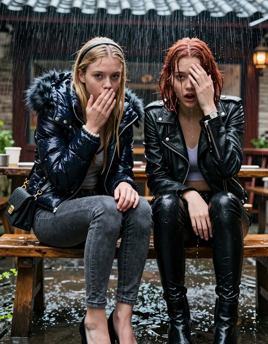 photo of young woman, in soaking wet, drenched clothes,
, Dark skinny jeans, Moncler shiny puffer down jacket with fur, Open jacket, tight v-neck sweater belly free, shoulderbag, pearl necklace, bracelet, wristwatch, Behind view: stream of rainwater, 
enjoying, wet clothes stuck to body,
detailed textures of the wet clothes, wet face, wet plastered hair,
wet, drenched, professional, high-quality details, full body view.
sharp focus, ultra-high pixel detail, realistic, high-quality, full colors, incredibly detailed, 4k, 8k, 16k, hyper-realistic, RAW photo, masterpiece, ultra-detailed, professionally color graded, professional photograph, two 15-year-old teenage girl sitting in an Outdoor Chinese-Restaurant under a heavy, concentrated stream of rainwater pouring off the edge of a building roof. The girls look at camera, letting the water drench her hair so it is glued flat against her head and body. One has blonde Sleek  straight long hair with hairband, one has an auburn collarbone bob, completely  saturated and dripping wet hair, with water cascading down her face and neck, surprise and astonished expression. One hold her hand over her mouth and nose. One hold her hand on her forehead. One Girl wears a moncler shiny puffer down jacket with fur, grey skinny jeans and black heels. One a biker leatherjacket with Black leatherleggings and ankle boots. The lighting is bright and cinematic, highlighting the glistening water droplets on her skin and the saturated texture of her  casual clothes. 
her clothing is soaking wet and clinging tightly to her skin, showing heavy wet folds, darkened fabric texture, and deep water-saturated Patches, her clothes are heavy from the water, water runs from her body and her clothes in streams. A lot of water also runs out of her clothes. Her clothes are darkened by the water. 
hyper-realistic wetness, high-contrast water sheen, sharp focus, 16k resolution, professional photography, realistic water physics., wet skin, wet clothes, damp fabric, wet skin, wet clothes, damp fabric, wet skin, wet clothes, damp fabric, wet skin, wet clothes, damp fabric, wet skin, wet clothes, damp fabric