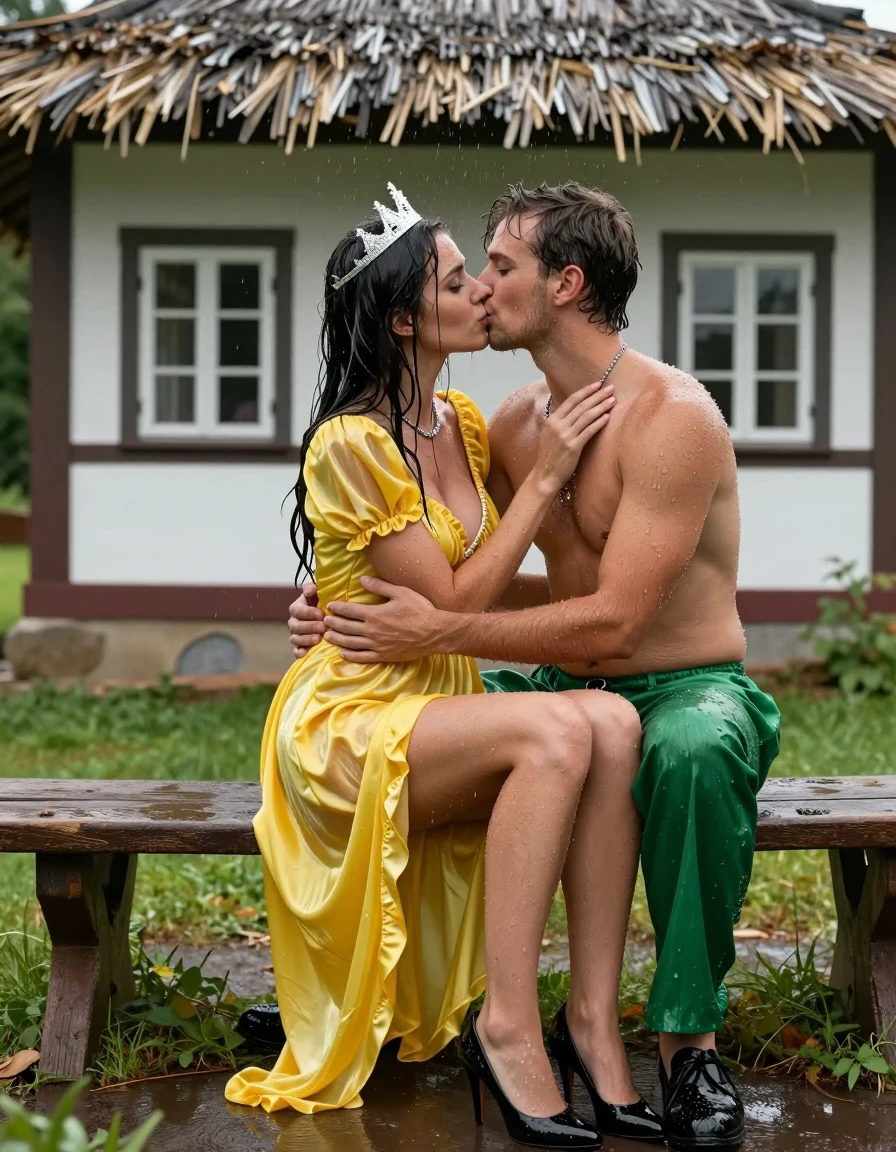 photo of young woman, in soaking wet, drenched clothes,
Schwarze Pumps, Gelbes Schneewittchen Kleid aus Satin, Kleines Fachwerkhaus mit einem Strohgedeckten Dach und Sprossenfenster, 
enjoying, wet clothes stuck to body,
detailed textures of the wet clothes, wet face, wet plastered hair,
wet, drenched, professional, high-quality details, full body view.
sharp focus, ultra-high pixel detail, realistic, high-quality, full colors, incredibly detailed, 4k, 8k, 16k, hyper-realistic, RAW photo, masterpiece, ultra-detailed, professionally color graded, professional photograph, Fotorealistische Ganzkörperaufnahme eines jungen Mädchens, sie sitzt auf einer alten Holzbank vor einem kleinen Fachwerkhaus mit Sprossenfenster und einem strohgedeckten Dach, das Mädchen hat schwarze lange Haare und einen rot geschminkten Mund, sie hat schöne blaue Augen, sie hat mittelgroße Brüste, auf dem Kopf trägt sie eine silberne kleine Krone, um den Hals trägt sie eine silberne Halskette, sie trägt ein langes gelbes Schneewittchen Kleid aus Chiffon mit Puffärmeln, es regnet stark und ihre Kleidung ist völlig durchnässt, ihre Brüste sind durch den dünnen und transparenten Stoff ihres Kleides gut sichtbar, ihr Rock klebt ihr an den Beinen, Wasser läuft aus ihrem Rock, auf ihr sitzt ein jungen Mann mit nackten Oberkörper und einer kurzen grünen Hose und nacktem Oberkörper und umarmt ihn liebevoll, sie legt beide Arme um seinen Hals und küsst ihn sehr erotisch und leidenschaftlich., wet skin, wet clothes, damp fabric