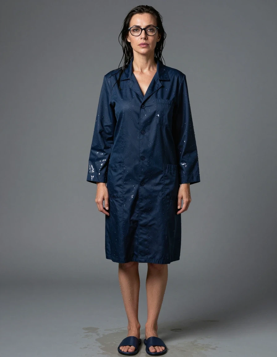 photo of young woman, in soaking wet, drenched clothes,
slippers, shiny dark blue labcoat, shiny dark blue labcoat, enjoying wet clothes stuck body, enjoying, wet clothes stuck to body, 
enjoying, wet clothes stuck to body,
detailed textures of the wet clothes, wet face, wet plastered hair,
wet, drenched, professional, high-quality details, full body view.
sharp focus, ultra-high pixel detail, realistic, high-quality, full colors, incredibly detailed, 4k, 8k, 16k, hyper-realistic, RAW photo, masterpiece, ultra-detailed, professionally color graded, professional photograph, europen brunette skinny woman 50 years old, long dark black hair, office glasses, very big and thick lips, complete body, wet skin, wet clothes, damp fabric, wet skin, wet clothes, damp fabric, wet skin, wet clothes, damp fabric, wet skin, wet clothes, damp fabric, wet skin, wet clothes, damp fabric, wet skin, wet clothes, damp fabric, wet skin, wet clothes, damp fabric