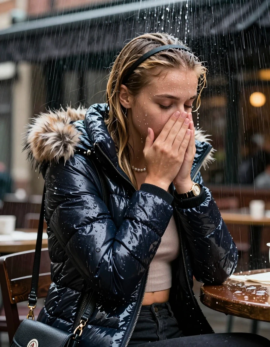 photo of young woman, in soaking wet, drenched clothes,
, , Moncler shiny puffer down jacket with fur, Open jacket, tight v-neck sweater belly free, shoulderbag, pearl necklace, bracelet, wristwatch, stream of rainwater, 
enjoying, wet clothes stuck to body,
detailed textures of the wet clothes, wet face, wet plastered hair,
wet, drenched, professional, high-quality details, full body view.
sharp focus, ultra-high pixel detail, realistic, high-quality, full colors, incredibly detailed, 4k, 8k, 16k, hyper-realistic, RAW photo, masterpiece, ultra-detailed, professionally color graded, professional photograph, A realistic vertical fashion photograph taken from a backward, behind-the-back angle of a 15-year-old teenage girl sitting in an Outdoor Restaurant under a heavy, concentrated stream of rainwater pouring off the edge of a building roof. She is tilting her head down, letting the water drench her hair so it is glued flat against her head and body. She has blonde Sleek  straight long hair with hairband, completely saturated and dripping wet hair, with water cascading down her face and neck, creating an astonished expression. She hold her hands over her mouth and nose. The lighting is bright and cinematic, highlighting the glistening water droplets on her skin and the saturated texture of her  casual clothes.  Closed eyes. 
her clothing is soaking wet and clinging tightly to her skin, showing heavy wet folds, darkened fabric texture, and deep water-saturated Patches, her clothes are heavy from the water, water runs from her body and her clothes in streams. A lot of water also runs out of her clothes. Her clothes are darkened by the water. 
hyper-realistic wetness, high-contrast water sheen, sharp focus, 16k resolution, professional photography, realistic water physics., wet skin, wet clothes, damp fabric, wet skin, wet clothes, damp fabric, wet skin, wet clothes, damp fabric, wet skin, wet clothes, damp fabric, wet skin, wet clothes, damp fabric