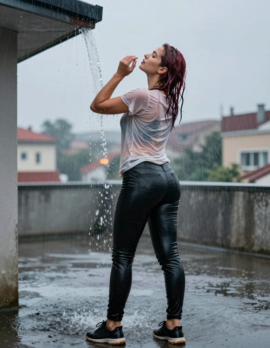 photo of young woman, in soaking wet, drenched clothes,
sport shoes, wet shiny black leather Pants, light-colored cotton t-shirt , , 
enjoying, wet clothes stuck to body,
detailed textures of the wet clothes, wet face, wet plastered hair,
wet, drenched, professional, high-quality details, full body view.
sharp focus, ultra-high pixel detail, realistic, high-quality, full colors, incredibly detailed, 4k, 8k, 16k, hyper-realistic, RAW photo, masterpiece, ultra-detailed, professionally color graded, professional photograph, A realistic vertical fashion photograph taken from a backward, behind-the-back angle of a 25-year-old woman with shoulder-length dark auburn hair standing under a heavy, concentrated stream of rainwater pouring off the edge of a building roof. She is tilting her head back, letting the water drench her hair so it is glued flat against her head and body. The water is cascading over her, making her hair and clothes look very wet and shiny. The background is a soft-focus urban setting at dusk, professional photography, natural lighting. Big ass., wet skin, wet clothes, damp fabric