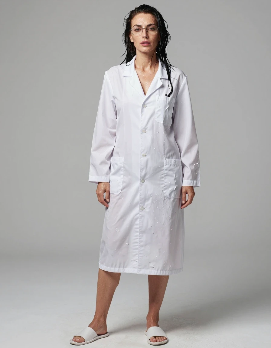 photo of young woman, in soaking wet, drenched clothes,
slippers, maxi white labcoat, maxi white labcoat, enjoying wet clothes stuck body, enjoying, wet clothes stuck to body, 
enjoying, wet clothes stuck to body,
detailed textures of the wet clothes, wet face, wet plastered hair,
wet, drenched, professional, high-quality details, full body view.
sharp focus, ultra-high pixel detail, realistic, high-quality, full colors, incredibly detailed, 4k, 8k, 16k, hyper-realistic, RAW photo, masterpiece, ultra-detailed, professionally color graded, professional photograph, europen brunette skinny woman 50 years old, long dark black hair, office glasses, very big and thick lips, complete body, wet skin, wet clothes, damp fabric, wet skin, wet clothes, damp fabric, wet skin, wet clothes, damp fabric, wet skin, wet clothes, damp fabric, wet skin, wet clothes, damp fabric, wet skin, wet clothes, damp fabric, wet skin, wet clothes, damp fabric