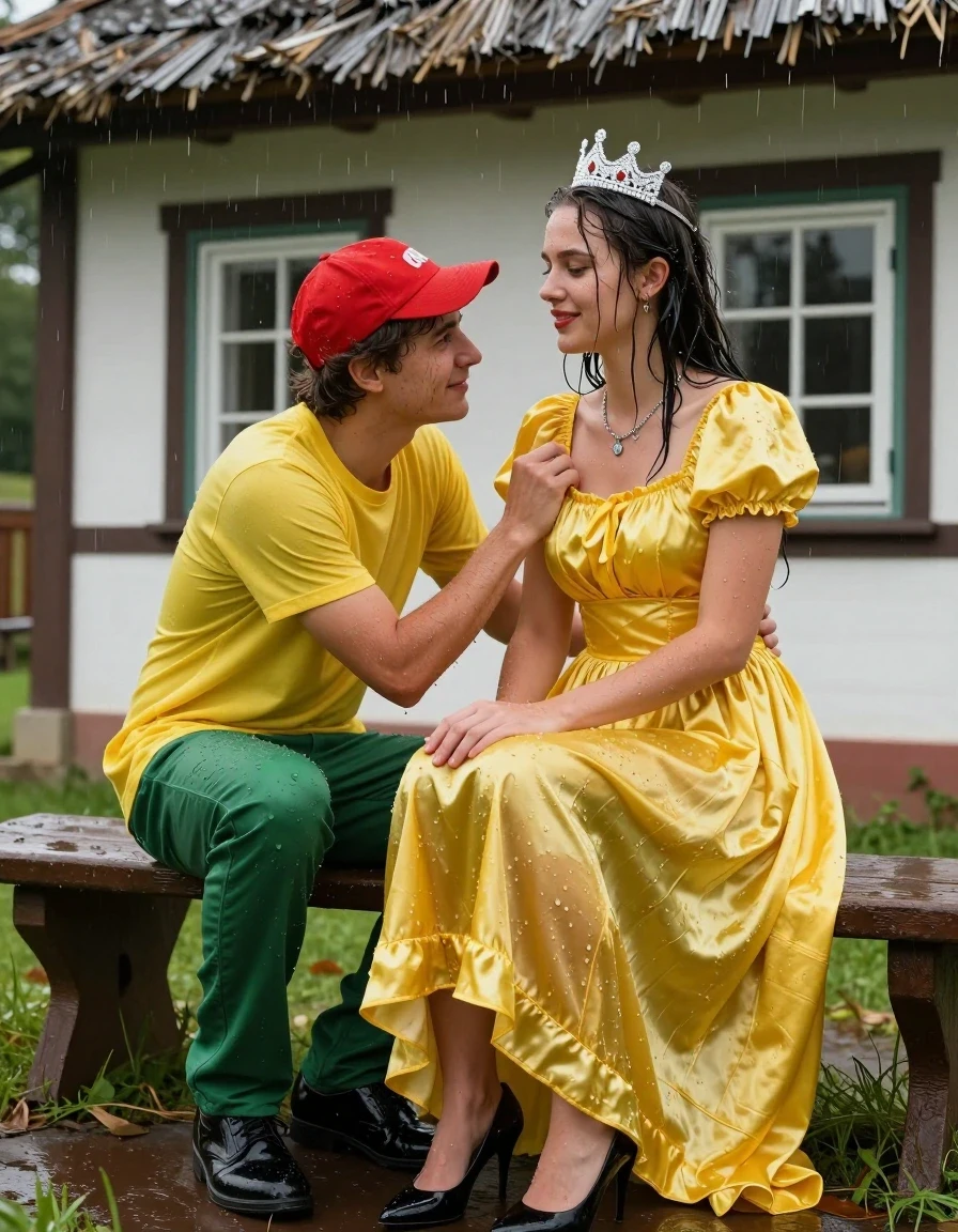 photo of young woman, in soaking wet, drenched clothes,
Schwarze Pumps, Gelbes Schneewittchen Kleid aus Satin, Kleines Fachwerkhaus mit einem Strohgedeckten Dach und Sprossenfenster, 
enjoying, wet clothes stuck to body,
detailed textures of the wet clothes, wet face, wet plastered hair,
wet, drenched, professional, high-quality details, full body view.
sharp focus, ultra-high pixel detail, realistic, high-quality, full colors, incredibly detailed, 4k, 8k, 16k, hyper-realistic, RAW photo, masterpiece, ultra-detailed, professionally color graded, professional photograph, Fotorealistische Ganzkörperaufnahme eines jungen Mädchens, sie sitzt auf einer alten Holzbank vor einem kleinen Fachwerkhaus mit Sprossenfenster und einem strohgedeckten Dach, das Mädchen hat schwarze lange Haare und einen rot geschminkten Mund, auf dem Kopf trägt sie eine silberne kleine Krone, um den Hals trägt sie eine silberne Halskette, sie trägt ein langes gelbes Schneewittchen Kleid aus Chiffon mit Puffärmeln, es regnet stark und ihre Kleidung ist völlig durchnässt, ihr Rock klebt ihr an den Beinen, sie hat einen jungen Mann mit grüner Hose, gelben T-Shirt und einer roten Zipfelmütze auf ihrem Schoss sitzen und umarmt ihn liebevoll, sie lächelt den jungen Mann freundlich an, der junge Mann legt eine Hand auf ihrem Rock., wet skin, wet clothes, damp fabric